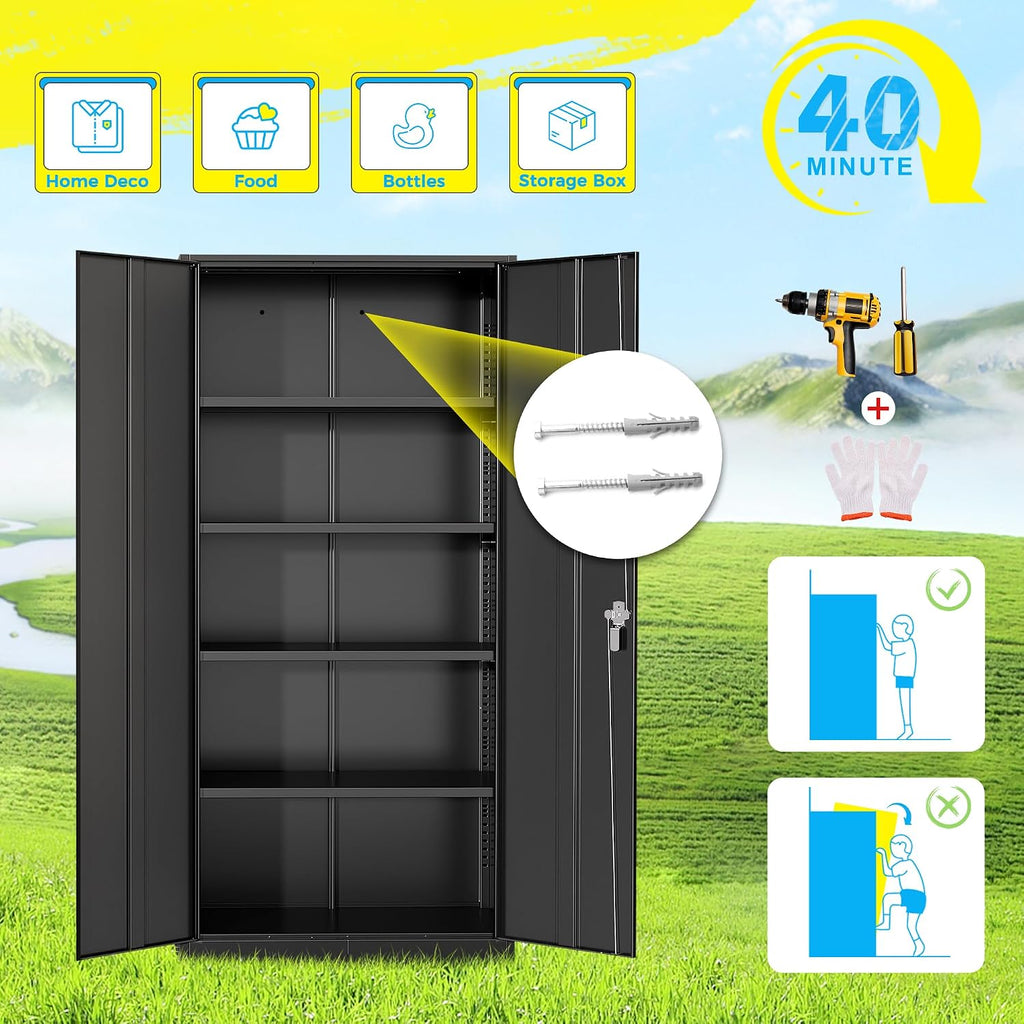 Pataku Metal Storage Cabinet, 72' Garage Cabinet with Doors and Shelves Lockable Steel Multifunctional Cabinets, Black File Cabinets for Home, Office, Garage, Warehouse(Black)