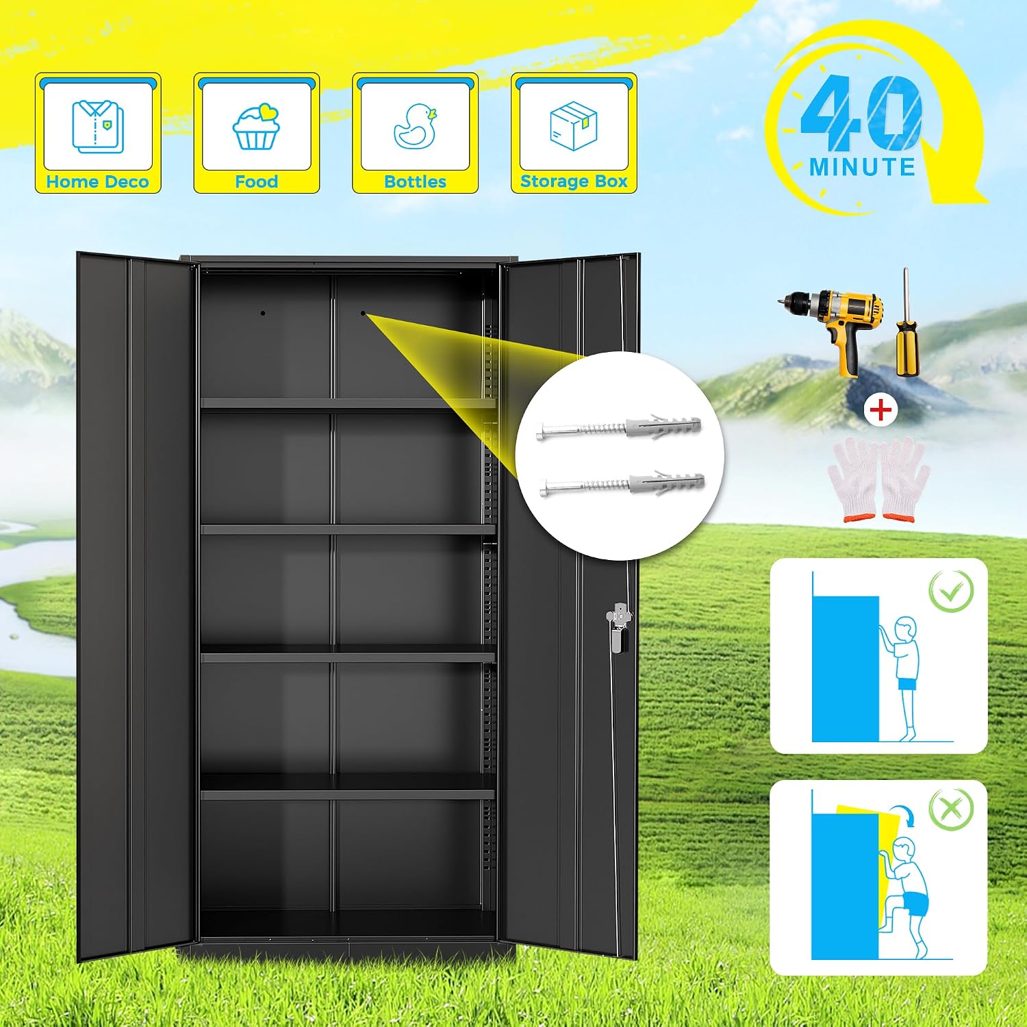 Pataku Metal Storage Cabinet, 72' Garage Cabinet with Doors and Shelves Lockable Steel Multifunctional Cabinets, Black File Cabinets for Home, Office, Garage, Warehouse(Black)