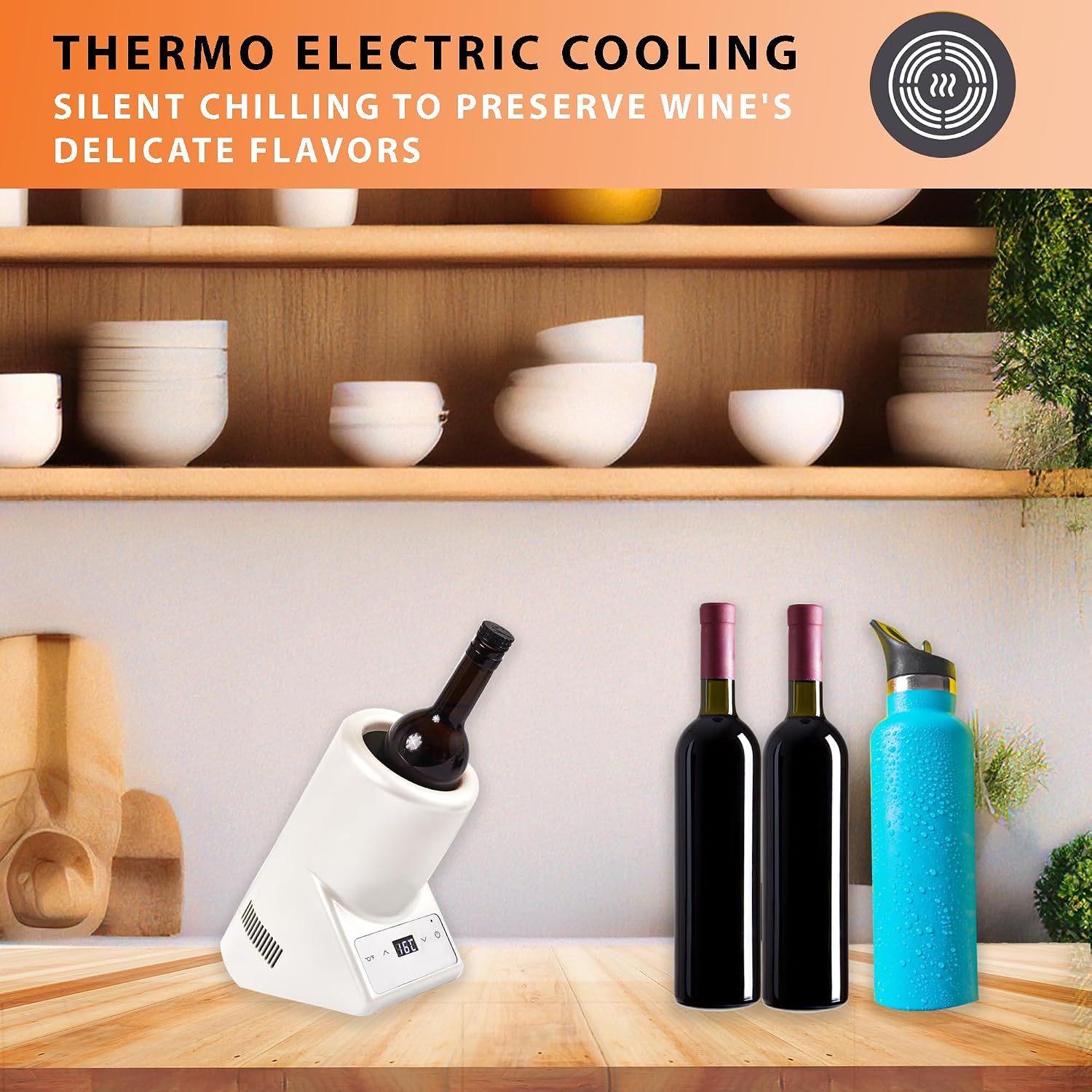 Equator 110V/12V Portable Electric Wine Chiller for Red, White and Water Bottles, 750mL Single Bottle Cooler, Stainless Body, Rechargeable, 24h Cold, Ideal for Parties & Gifts (White)