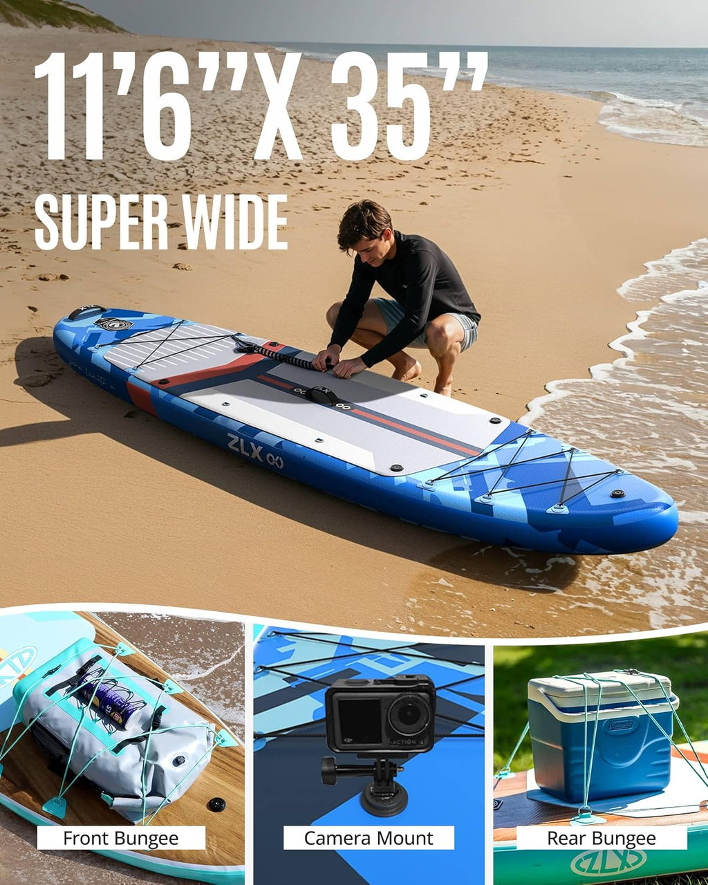 ZLX 11'6'x35' Ultra Wide Inflatable Stand Up Paddle Board | Stable Non-Slip Deck Pad, Unique Fin System, Premium SUP Accessories & Backpack - Upgraded Pump for Adults, All Skill Levels