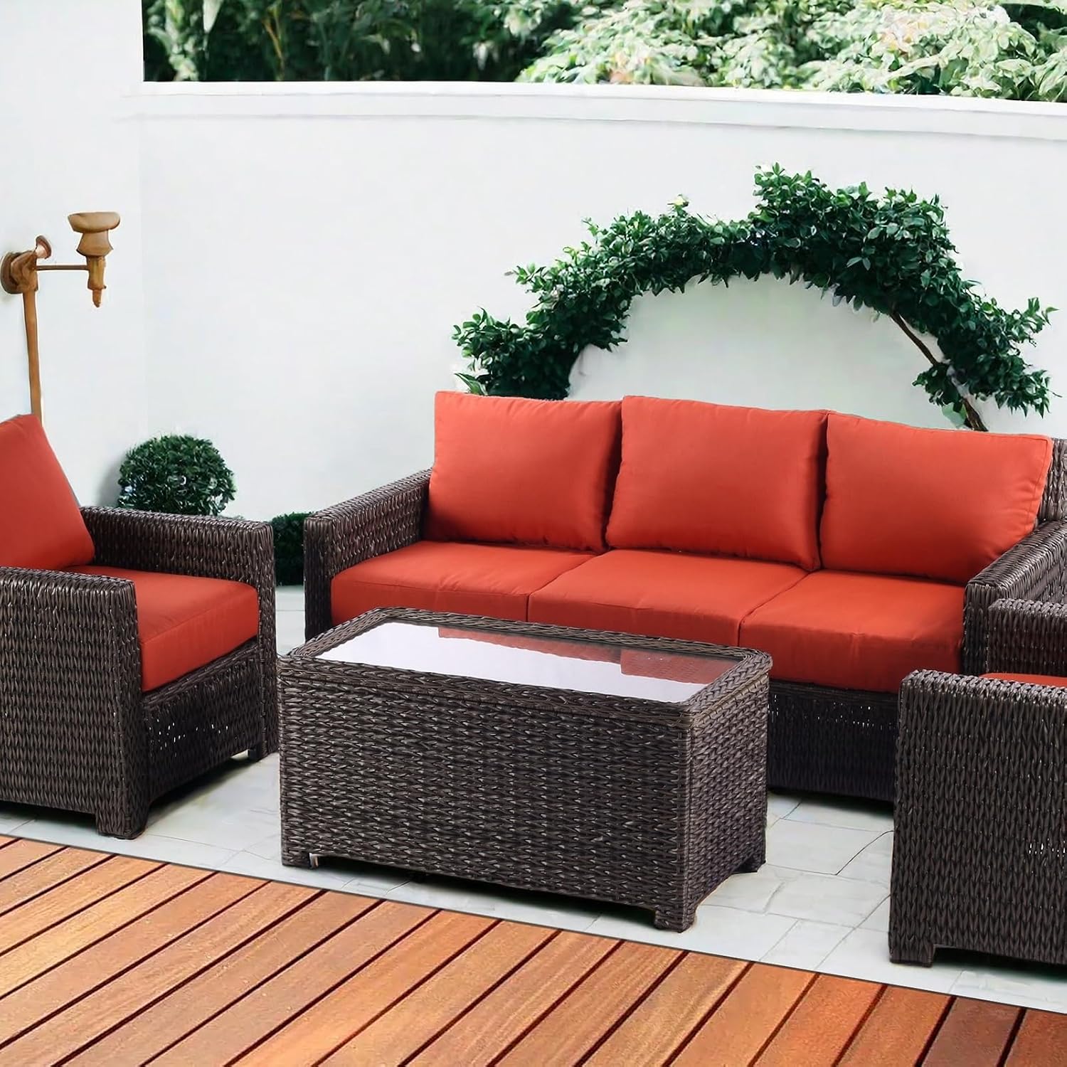Classic Wicker Patio Coffee Table with Storage, 40'' All-Weather Rattan Outdoor Coffee Tables, Tempered Glass Flip-Top, Waterproof for Porch Backyard, Dark Brown