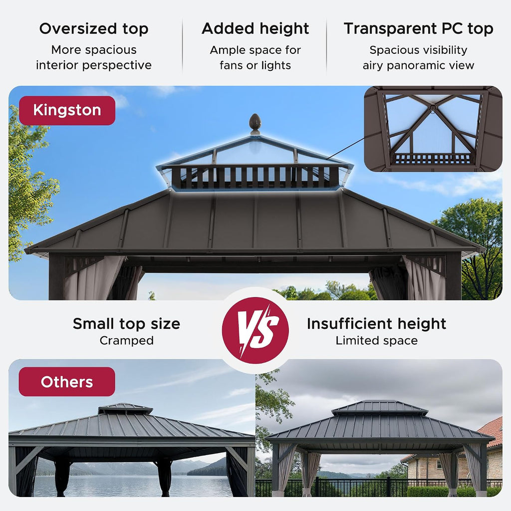 SUNJOY Kingston 10' x 10' Hardtop Gazebo with Galvanized Steel/Polycarbonate Double Roof, Curtain and Netting, Brown Aluminum Posts Permanent Pavilion Gazebo for Garden, Patio, Deck, Lawn