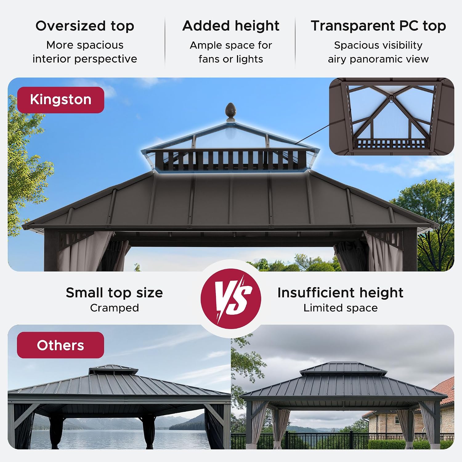 SUNJOY Kingston 10' x 10' Hardtop Gazebo with Galvanized Steel/Polycarbonate Double Roof, Curtain and Netting, Brown Aluminum Posts Permanent Pavilion Gazebo for Garden, Patio, Deck, Lawn
