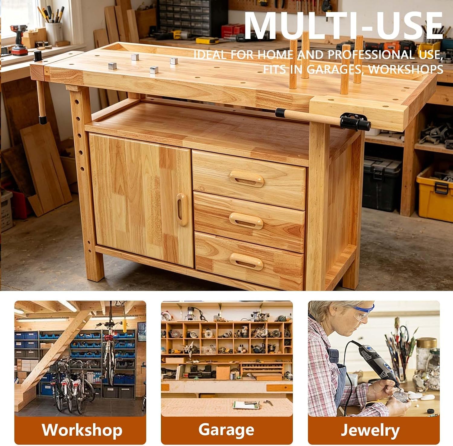 55' Rubber Wood Workbench, Heavy Duty Work Bench with Drawer& Shelf, Work Bench Table for Garage, Workshop, Home Storage, Woodworking Bench, 330 lbs Weight Capacity (50')