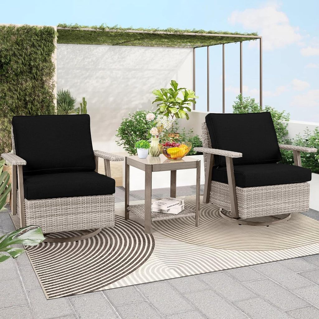 3 Pieces Outdoor Patio Furniture Set with Swivel Rocking, PE Wicker Outdoor Swivel Chairs Set of 2 with Side Table, Oversized Patio Rocking Chairs Set for Porch, Balcony, Deck, Backyard(Black)