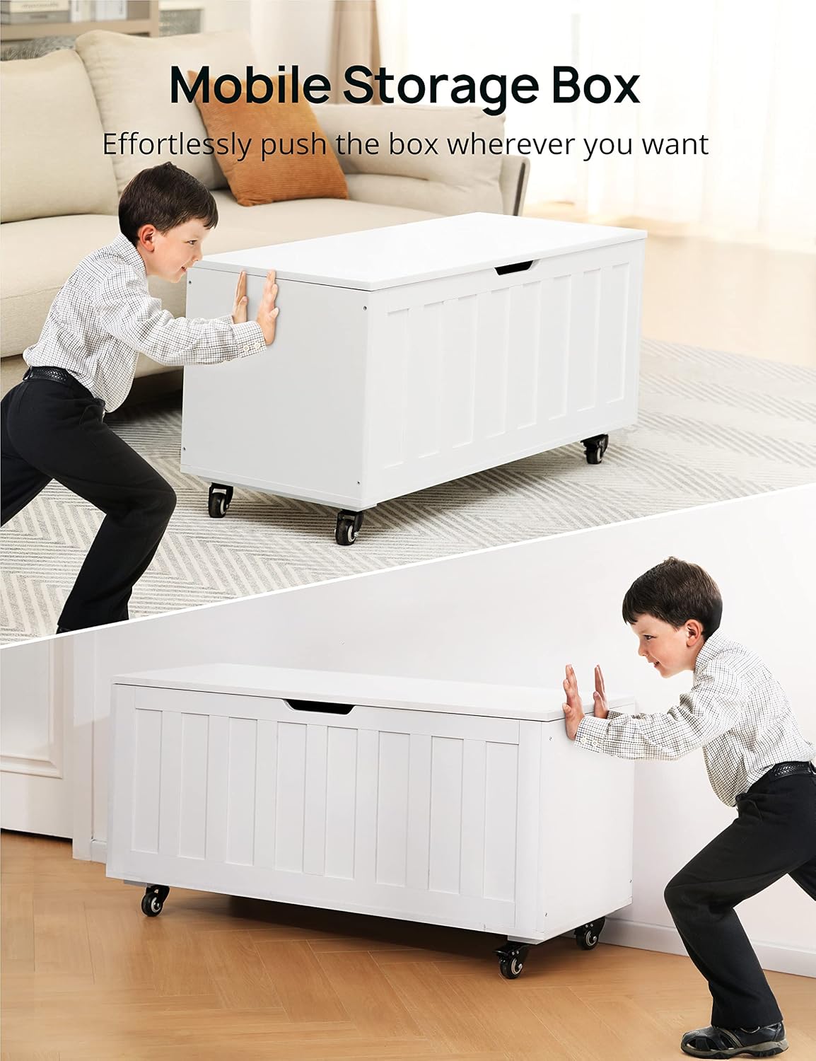 HYZ Storage Chest, 39.4'' Wooden Storage Bench with 4 Wheels & 2 Safety Hinges, Retro Toy Box Support 300 lbs for Bedroom, Living Room, Easy Assembly, White