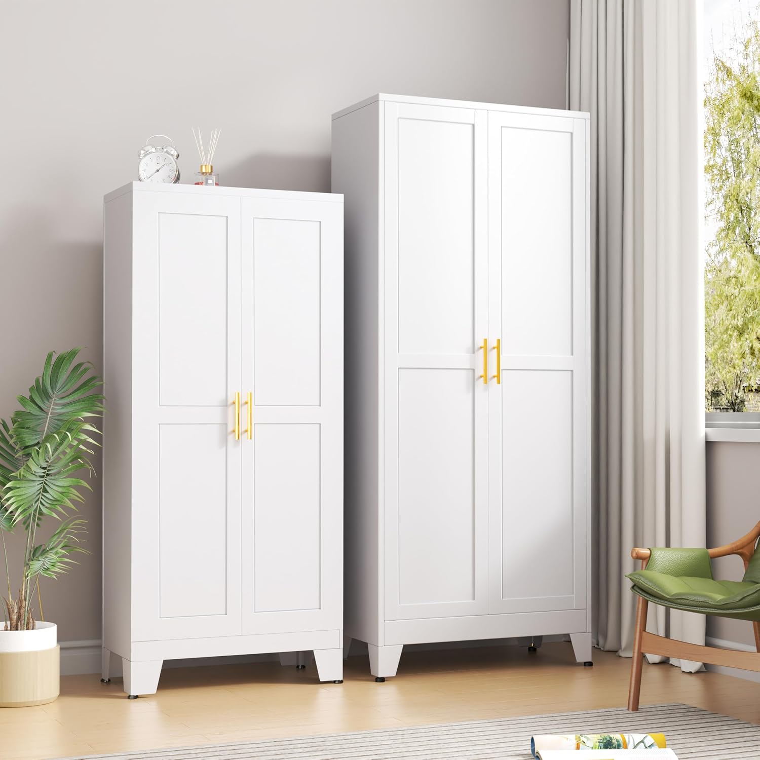 pozdeg 75' Tall Pantry Cabinet, Metal Kitchen Storage Cabinet with 2 Doors and 5 Adjustable Shelves, White Storage Cabinet Cupboard for Kitchen, Dining Room, Living Room and Bathroom (White)