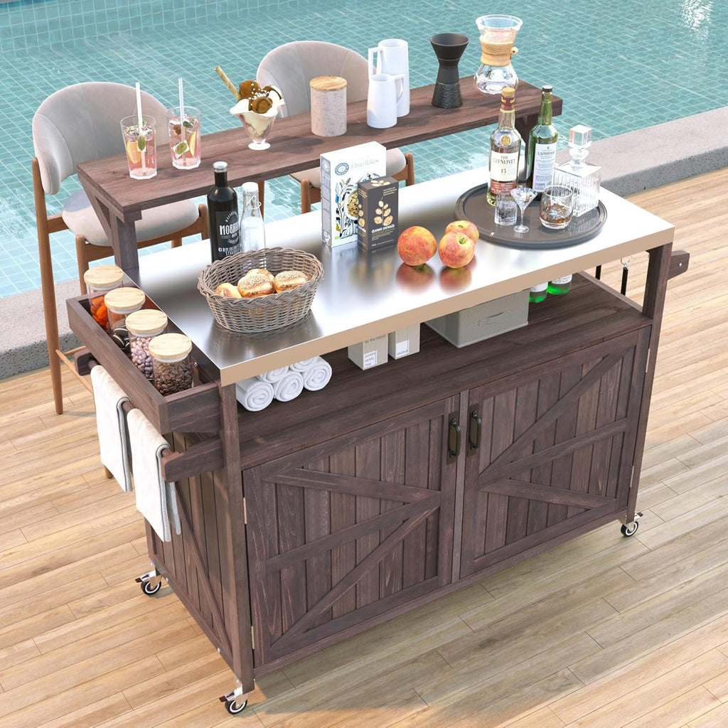 Farmhouse Outdoor Grill Bar Table with Stainless Steel Top and Raised Shelf, Solid Wood Outdoor Storage Cabinet Grill Cart with Adjustable Shelf, Outside Bar for Patio, Kitchen, BBQ, Brown