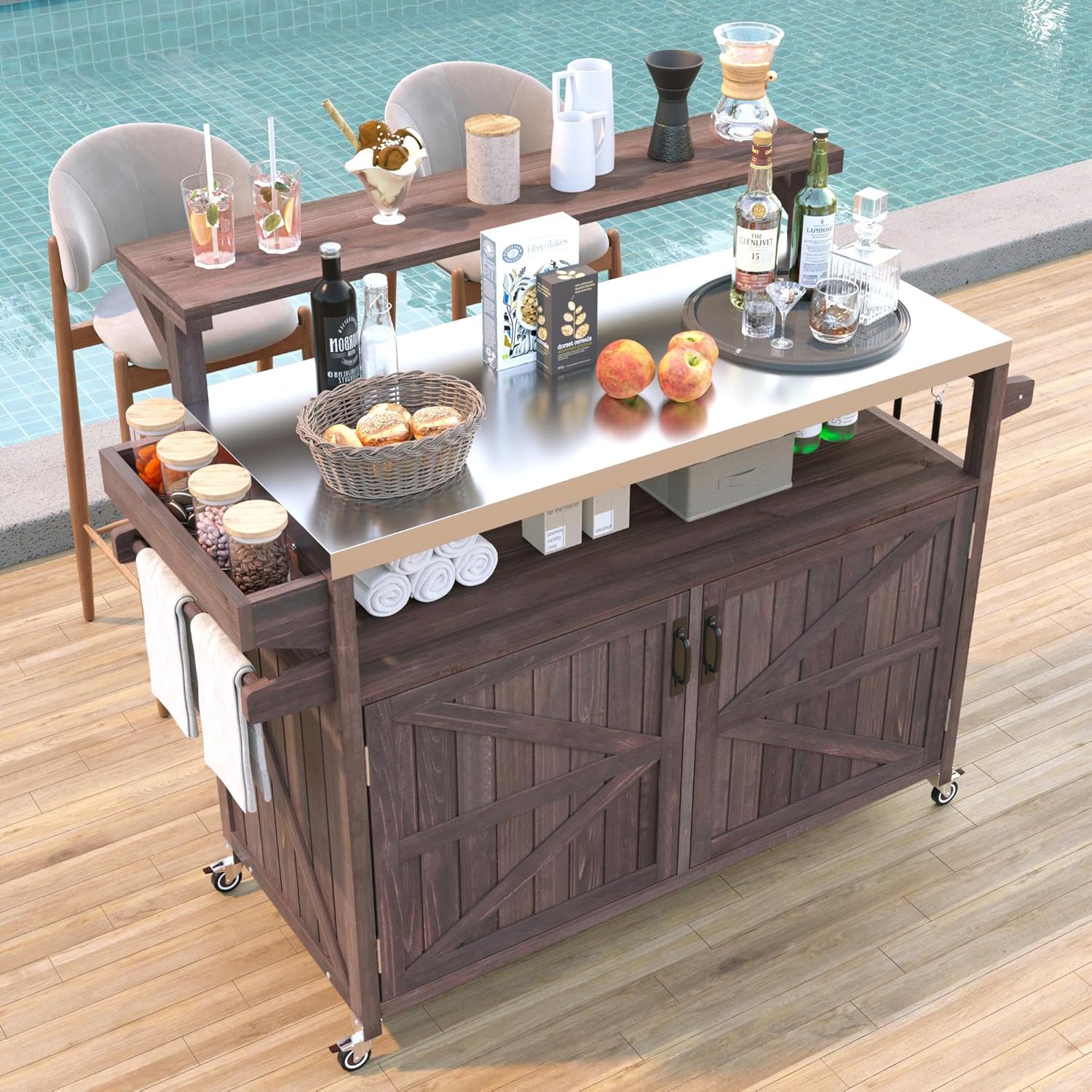 Farmhouse Outdoor Grill Bar Table with Stainless Steel Top and Raised Shelf, Solid Wood Outdoor Storage Cabinet Grill Cart with Adjustable Shelf, Outside Bar for Patio, Kitchen, BBQ, Brown