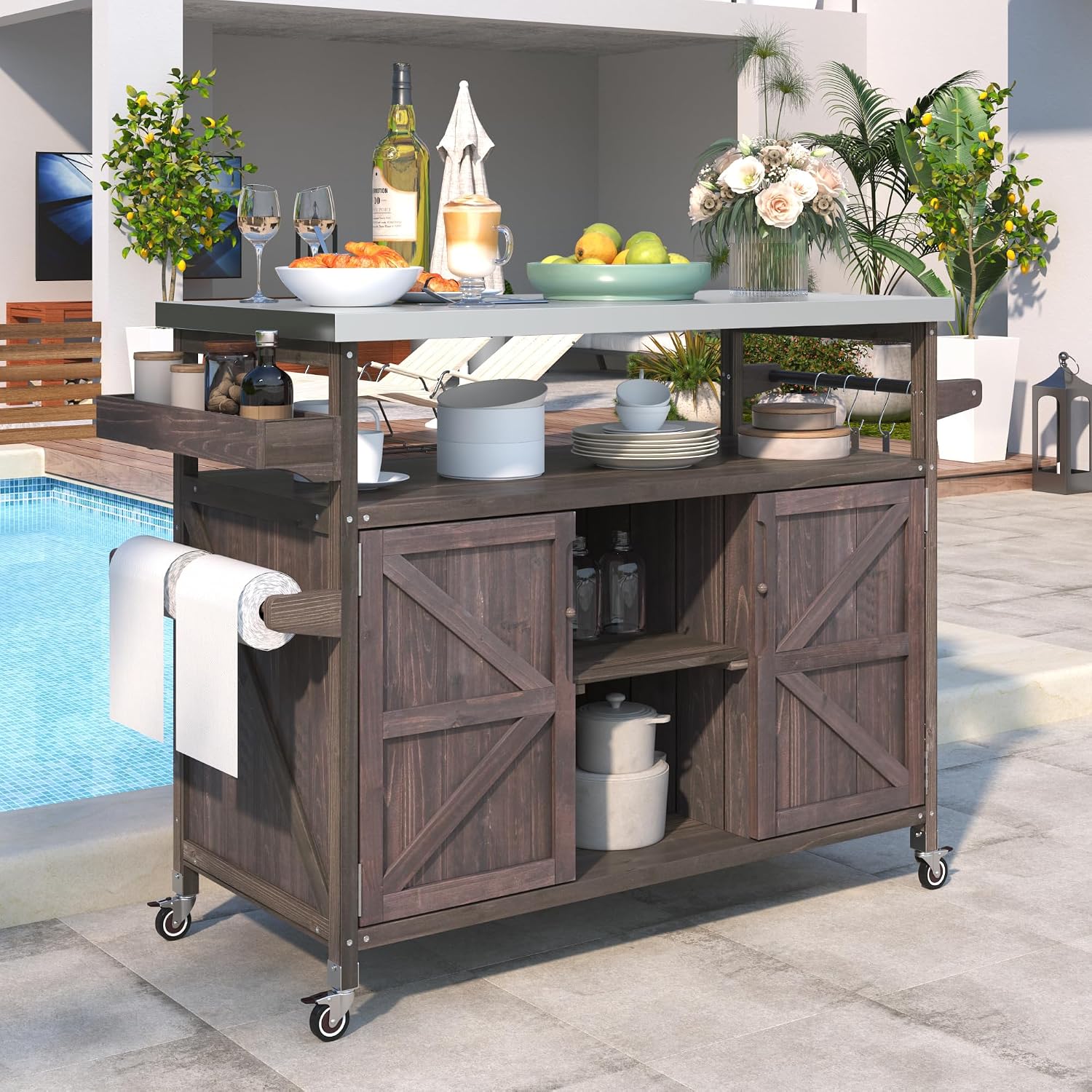 Outdoor Grill Cart with Storage, Farmhouse Outdoor Storage Cabinet with Stainless Steel Top, Wood Bar Patio Kitchen Island with Spice Rack, Towel Holder, Hooks & Locking Wheels for Patio BBQ(Brown)