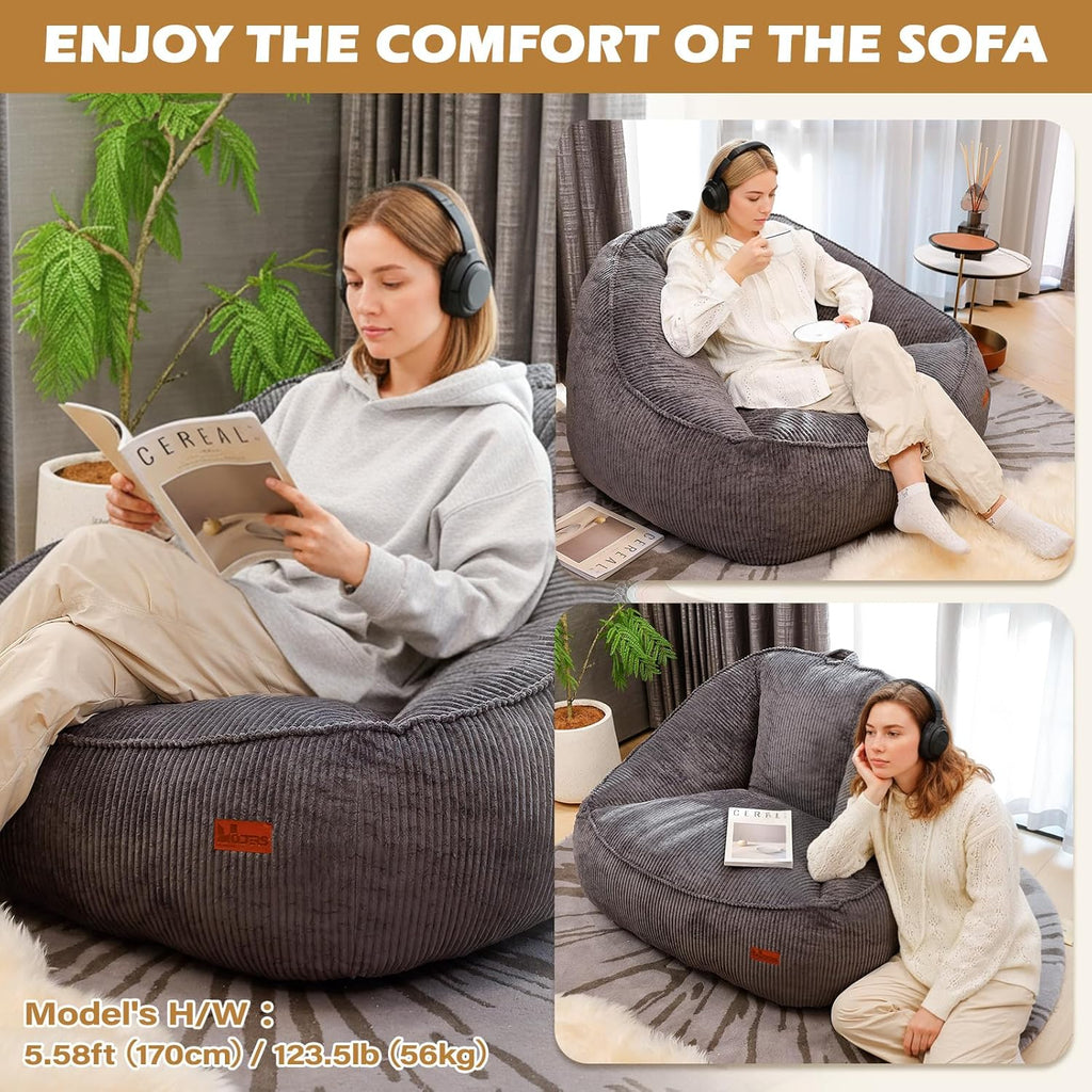 Giant Bean Bag Chair for Adults, Teens and Kids, Cozy Fluffy Corduroy Beanbag Chair with Filler, Large Floor Lounge Sofa for Living Room, Bedroom, Dorm, Gaming and Reading(L-Charcoal)