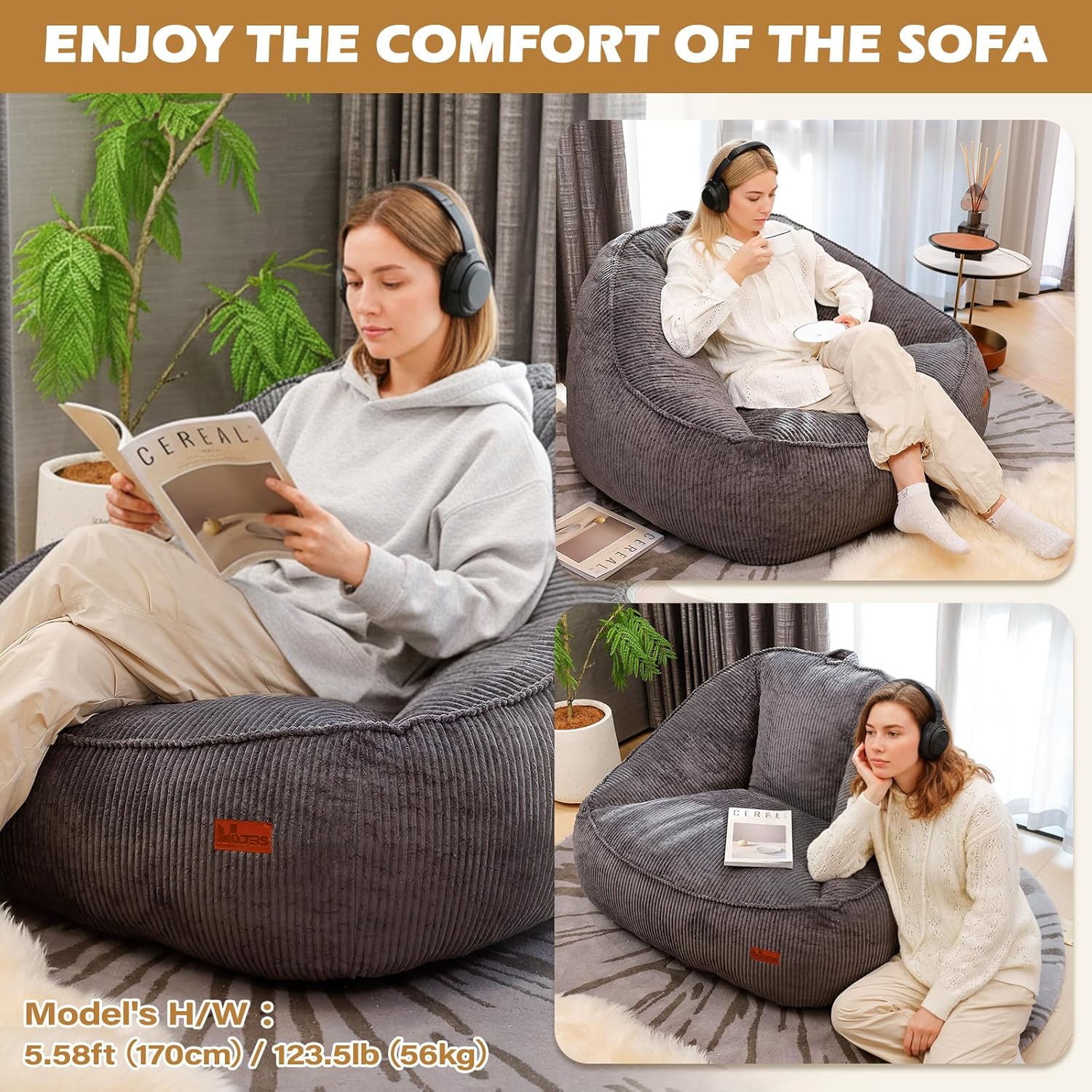 Giant Bean Bag Chair for Adults, Teens and Kids, Cozy Fluffy Corduroy Beanbag Chair with Filler, Large Floor Lounge Sofa for Living Room, Bedroom, Dorm, Gaming and Reading(L-Charcoal)