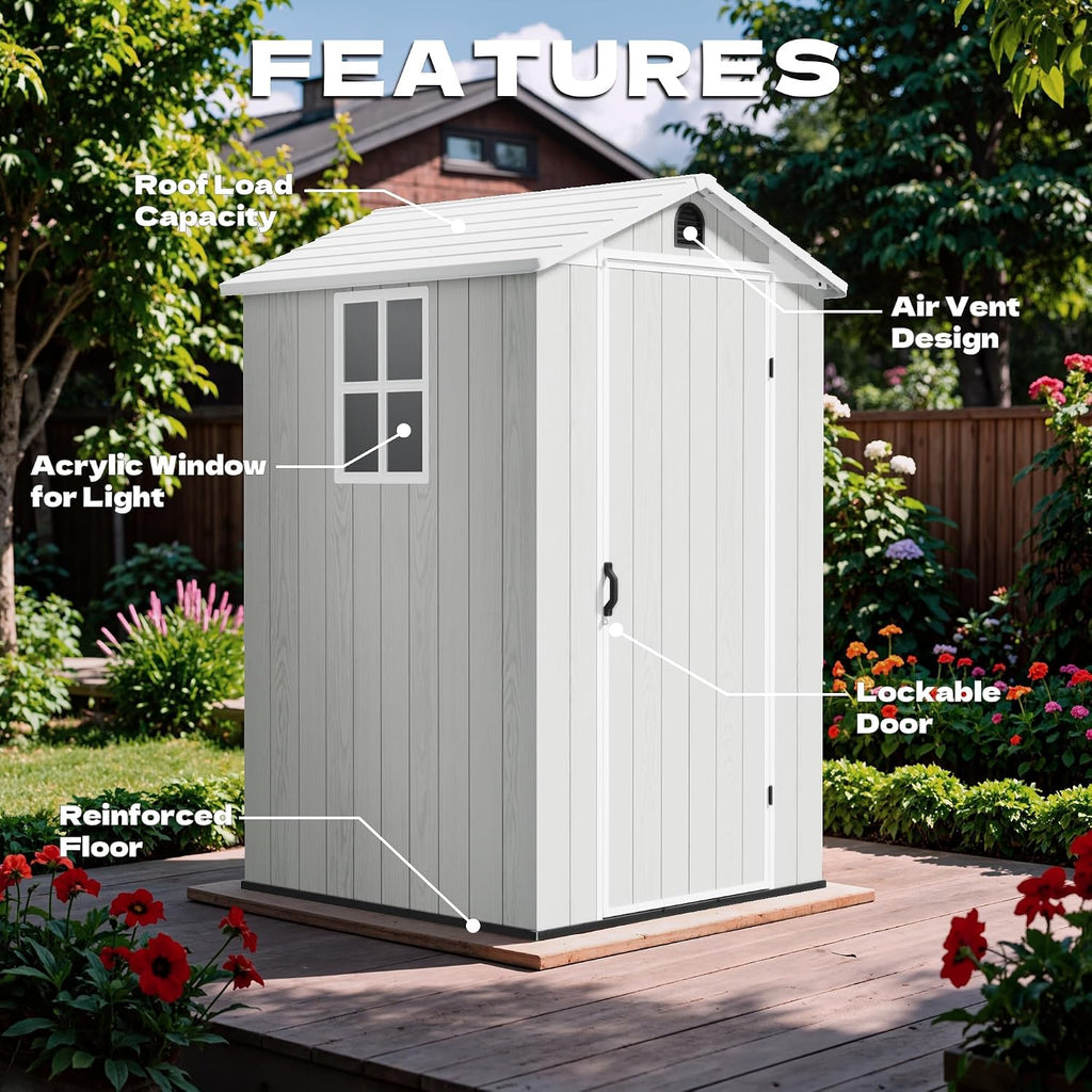 Devoko 4×4 FT Resin Storage Shed with Floor, Plastic Outdoor Garden Shed with Windows and Lockable Doors, Waterproof Outside Tool Sheds for Patio Backyard Lawn, Light Gray