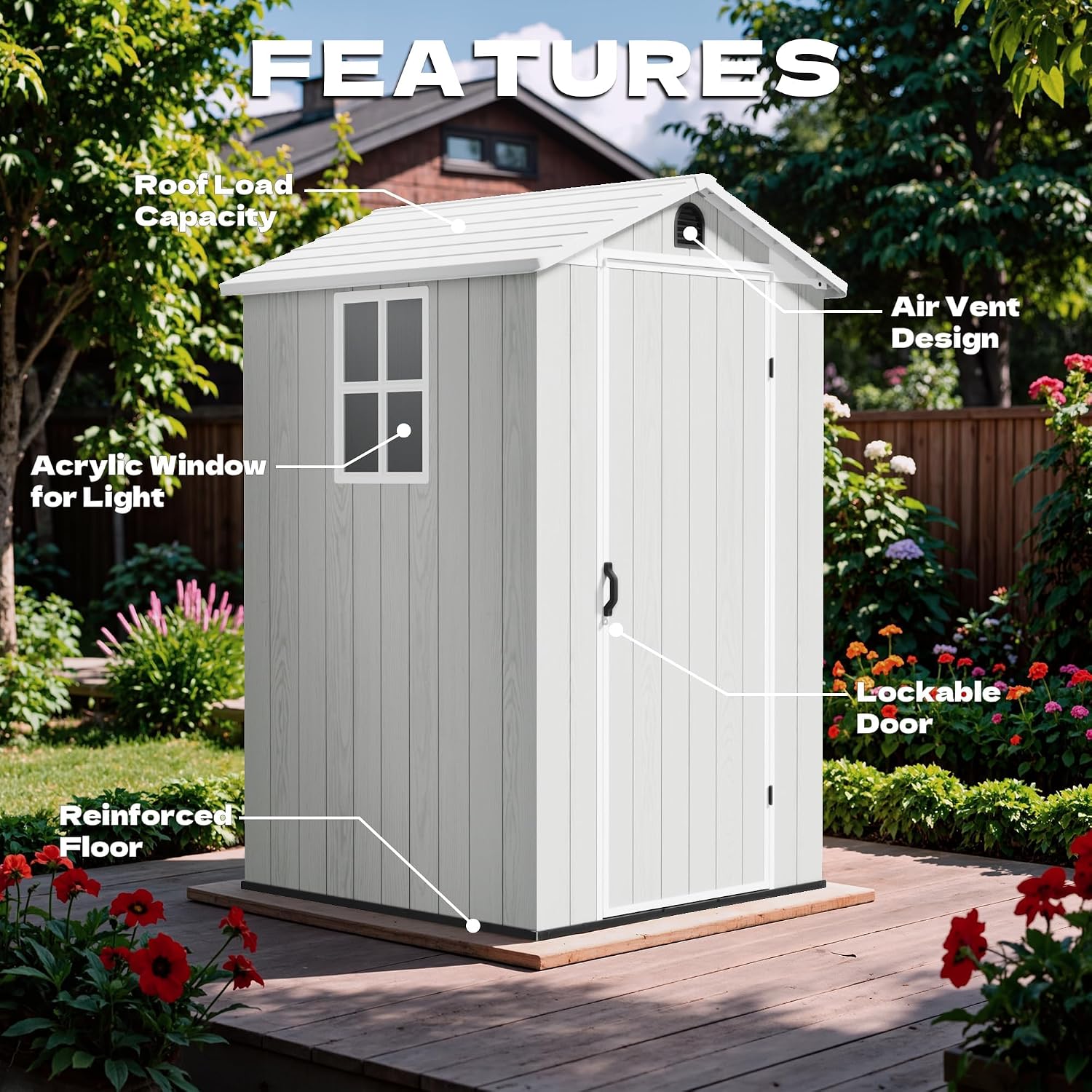 Devoko 4×4 FT Resin Storage Shed with Floor, Plastic Outdoor Garden Shed with Windows and Lockable Doors, Waterproof Outside Tool Sheds for Patio Backyard Lawn, Light Gray