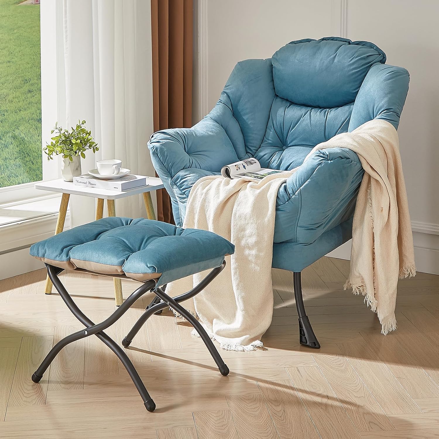 HollyHOME Lazy Chair with Foldable Ottoman, Accent Comfy Lounge Armchair and Folding Footrest Stool, Leisure Sofa Reading Chair and Footstool for Living Room, Bedroom, Dorm,Blue