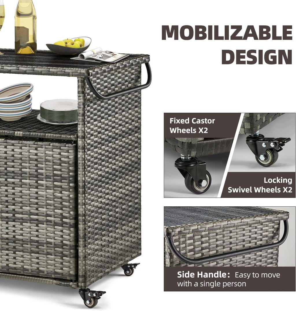 Outdoor Storage Cabinet on Wheels, Outdoor Bar Table with Rounded Handle, Rolling Wicker Storage Cabinet for Backyard,Poolside,Garden, Grey