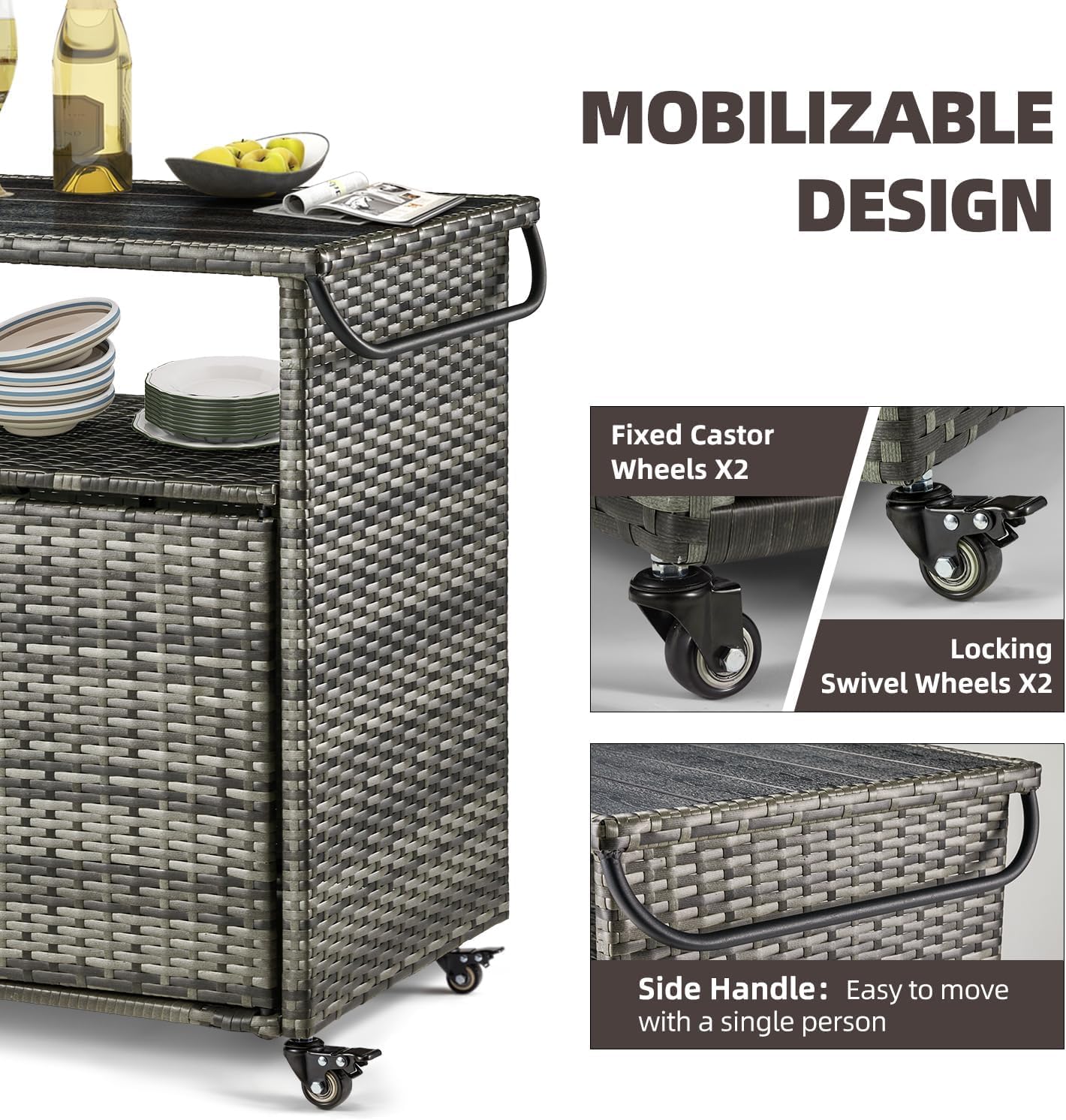 Outdoor Storage Cabinet on Wheels, Outdoor Bar Table with Rounded Handle, Rolling Wicker Storage Cabinet for Backyard,Poolside,Garden, Grey