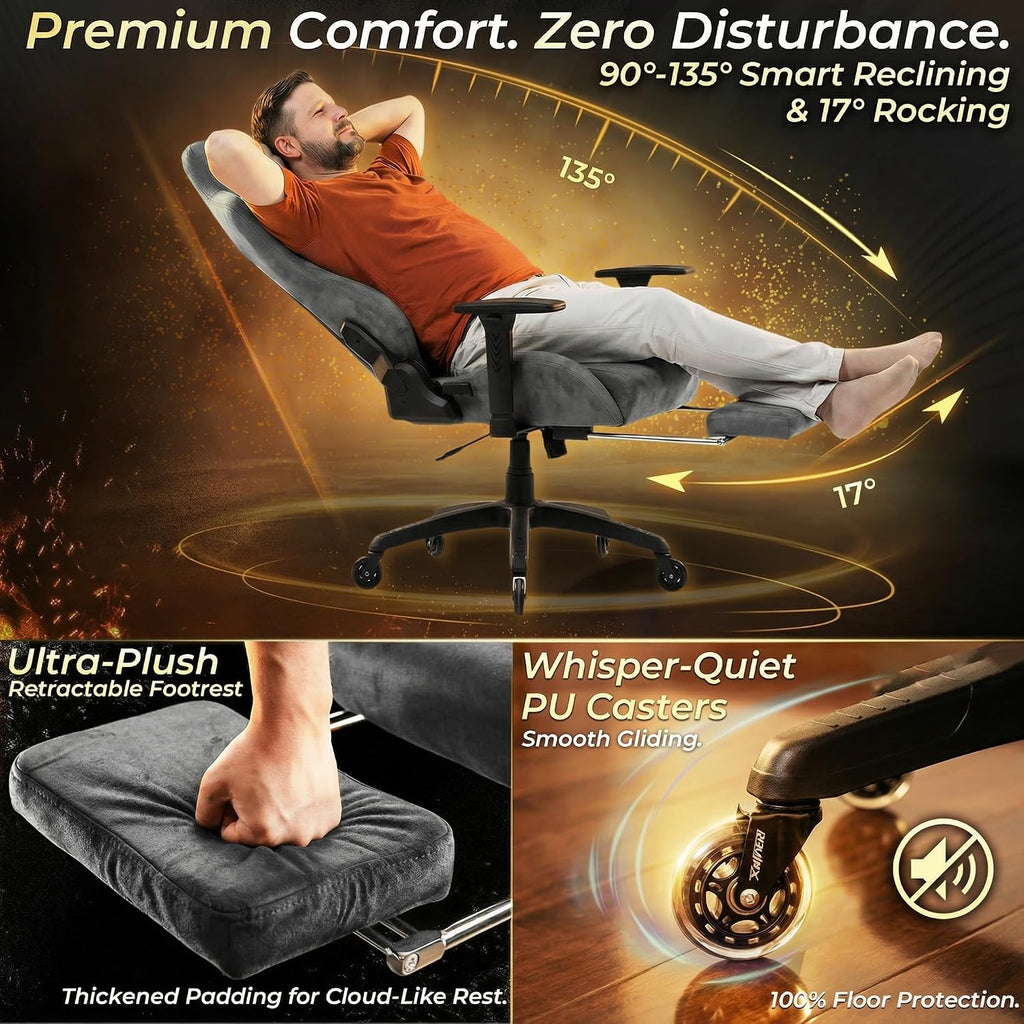 Dowinx Big and Tall Gaming Chair with Suede Fabric Breathable, Game Chairs for Adults with Oversized Thick Seat for 440lbs, Ergonomic Gamer Chair for Streaming & Long Gaming Sessions, Grey
