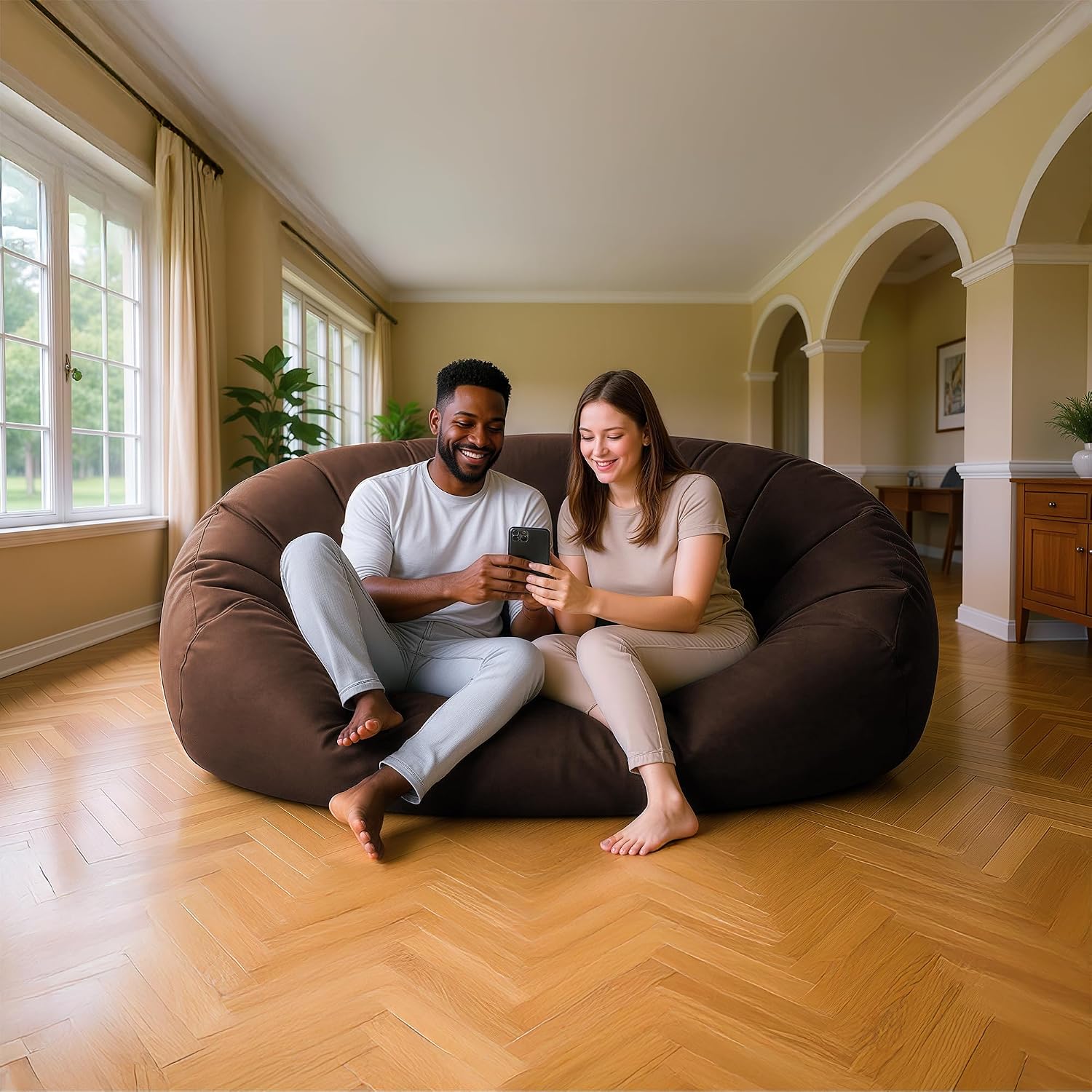 Lumaland Luxurious Giant 6ft Bean Bag Chair with Microsuede Cover - Ultra Soft, Foam Filling, Washable XL Bean Bag Sofa for Kids, Teenagers, Adults - Sack Chair for Dorm, Family Room - Brown