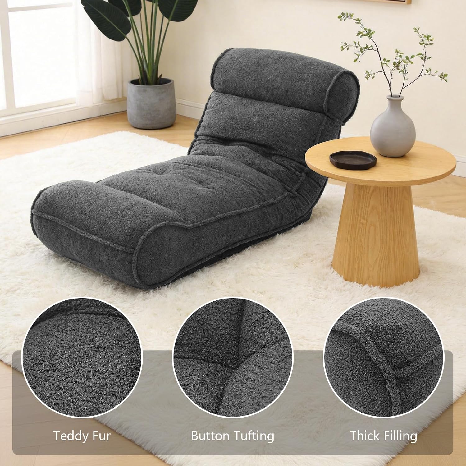 67'' Floor Chair with Back Support Meditation Chair Couch Recliner w Adjustable Backrest Lazy Floor Lounger Gaming Chair for Adults Sofa Bed Sleeper Chair Chaise Lounge Chair Indoor, Dark Gray