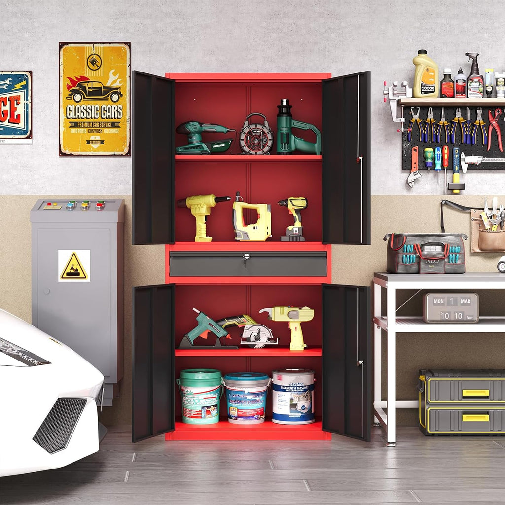 Metal Garage Storage Cabinet with Locking Doors and Drawer, 71' Steel Tool Storage Cabinet with Adjustable Shelves for Garage,Office,Warehouse (Red Black)