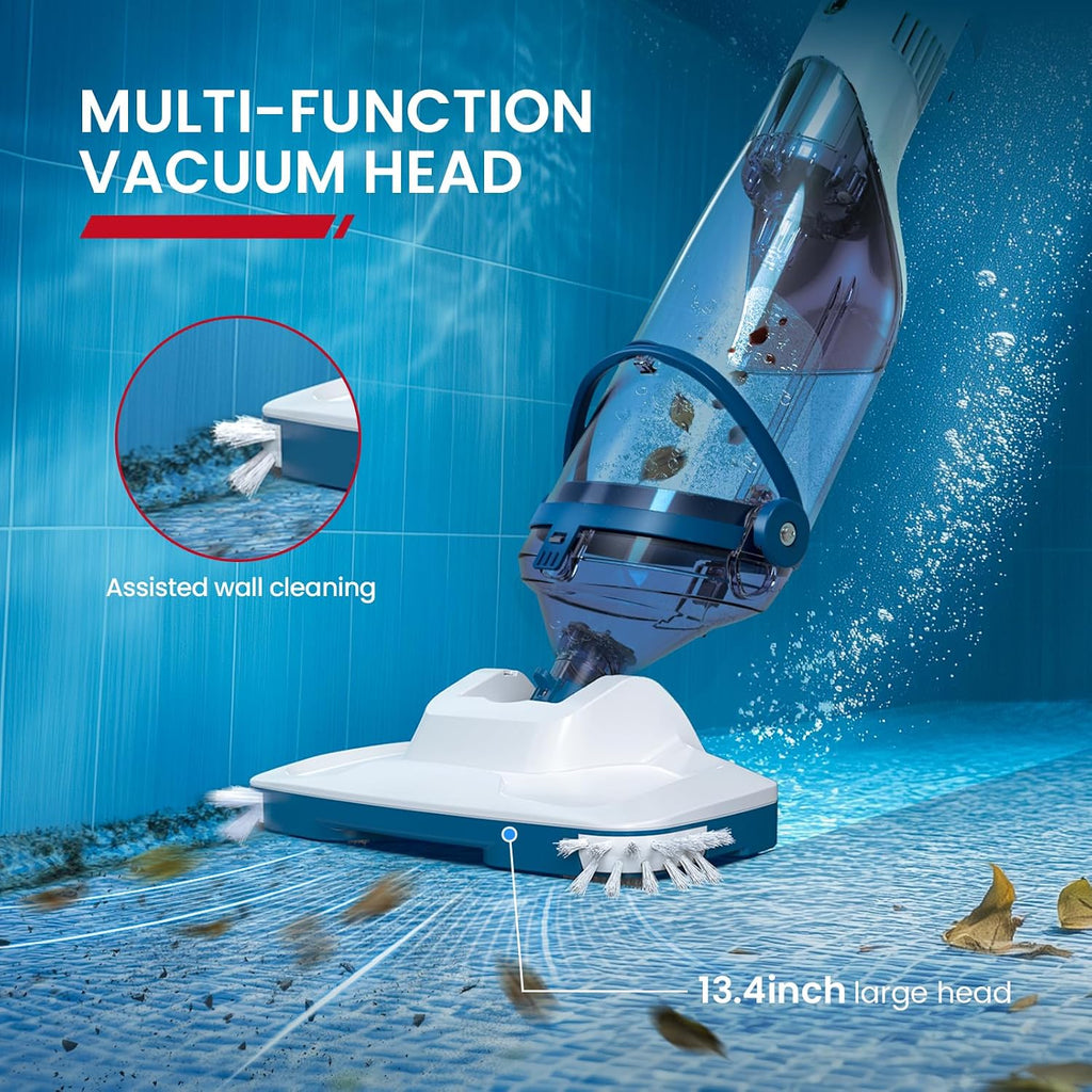 ENHULK Pool Vacuum for Above Ground Pool, Upgraded 13.4' Wide Head & Telescopic Pole, 18.5 GPM Powerful Suction, 60 Mins Runtime, Cordless Handheld Rechargeable Pool Cleaner for Inground Pools, PC15