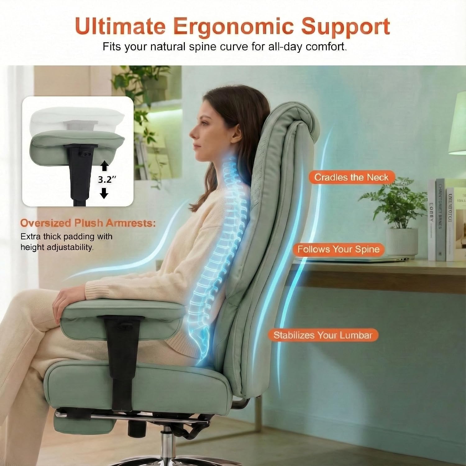 EXCEBET Big and Tall Office Chair 400lbs Wide Seat, Leather High Back Executive Office Chair with Foot Rest, Ergonomic Chairs Lumbar Support for Lower Back Pain Relief (Light Green)