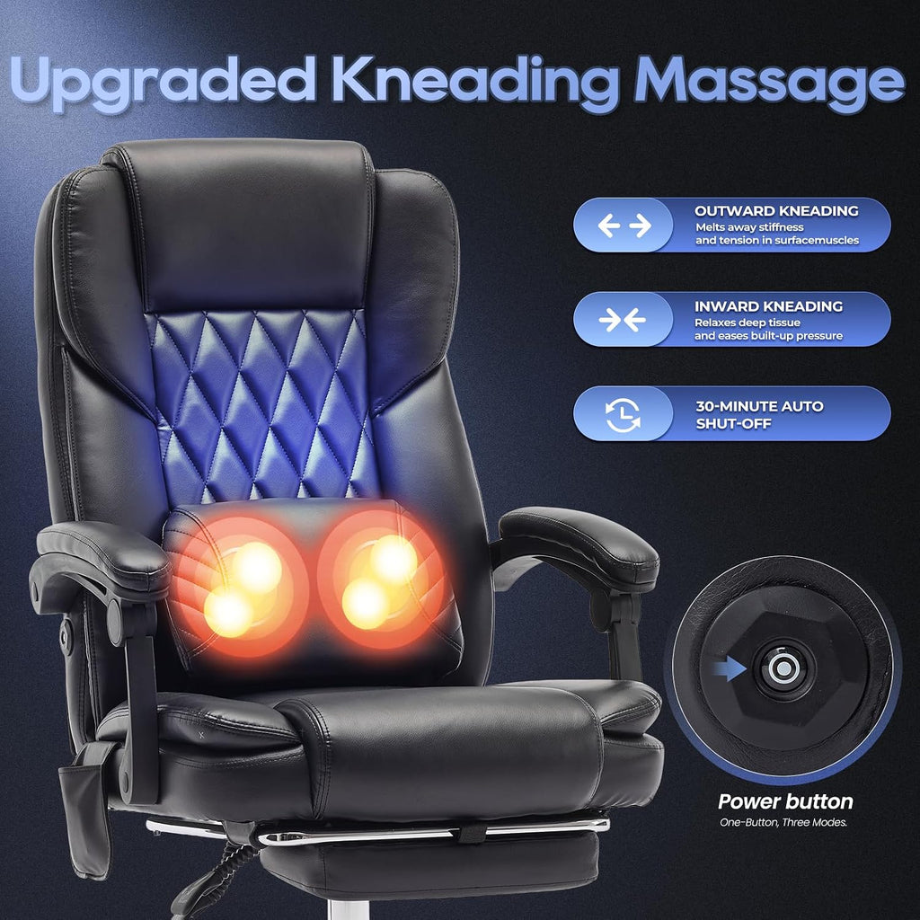 Massage Office Chair with Footrest, High Back Executive Chair, Ergonomic Desk Chair with Removable Pillow, 2 Lumbar Massage Points, Reclining, Leather Computer Chair, Black