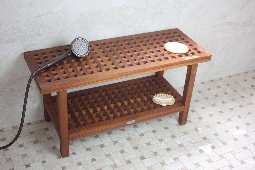 AquaTeak The Original 36' Grate Teak Shower Bench with Shelf Two-Step Care Kit