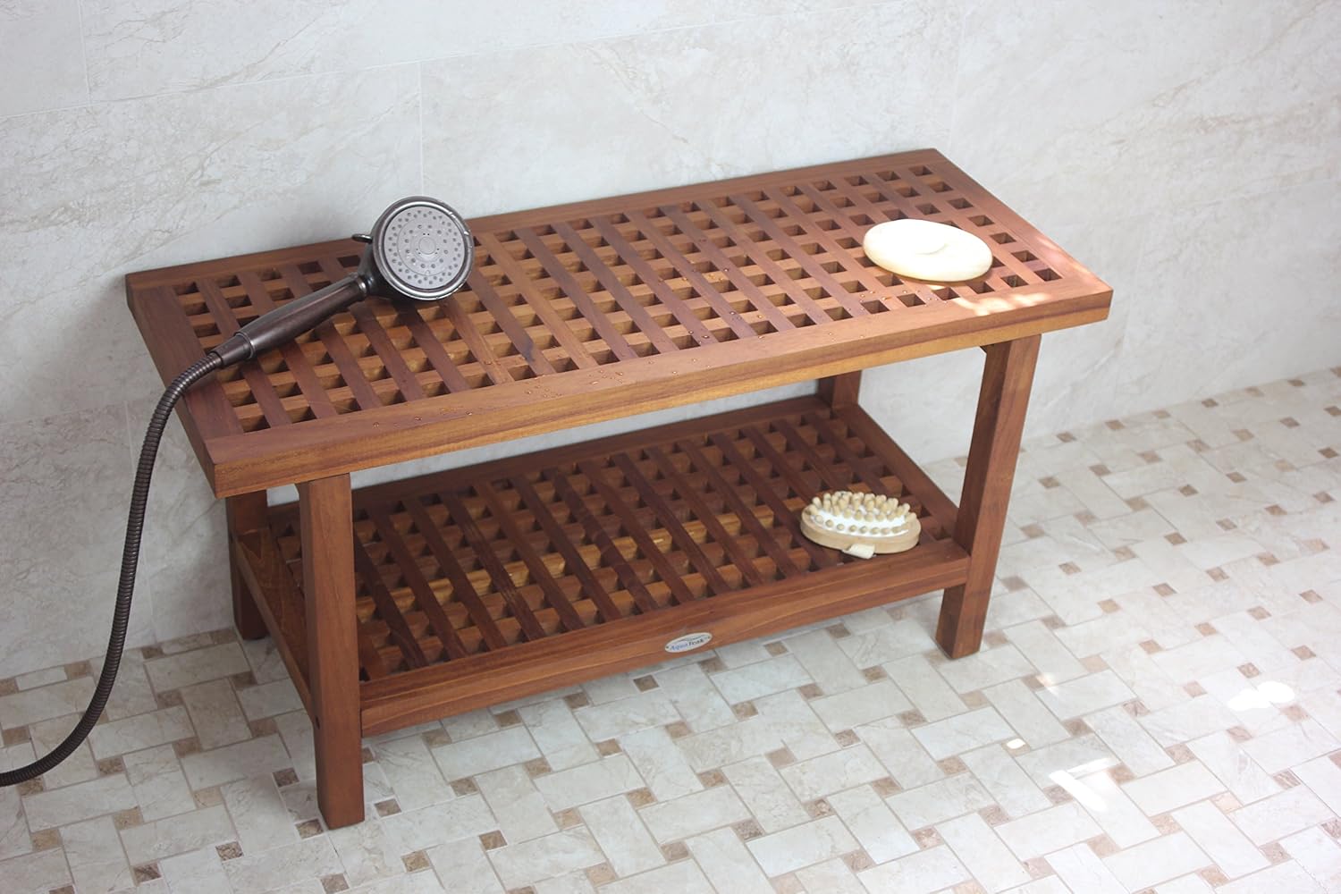 AquaTeak The Original 36' Grate Teak Shower Bench with Shelf Two-Step Care Kit