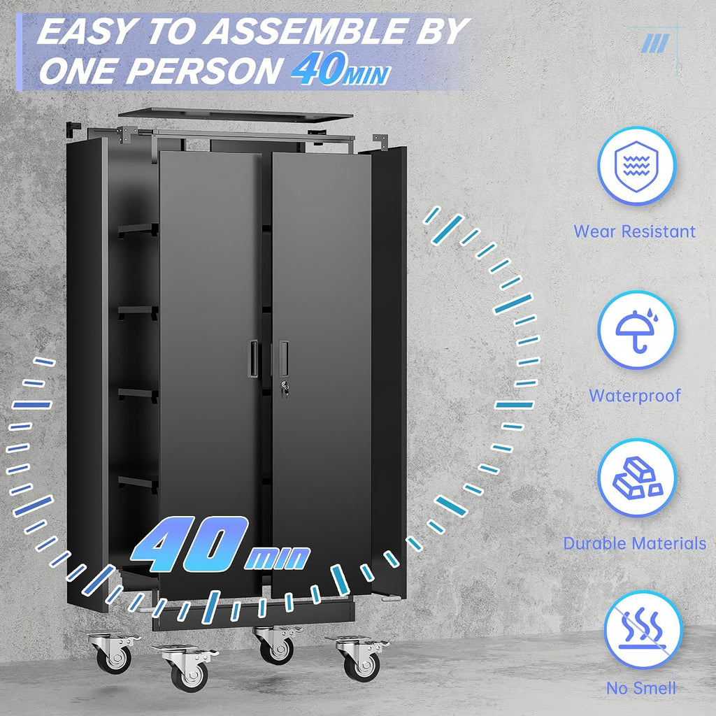 Pataku 73' Metal Storage Cabinet with Wheels, Garage Storage Cabinet with 4 Adjustable Shelves & Lockable Doors for Garage Home Office, Heavy Duty Tool Cabinets