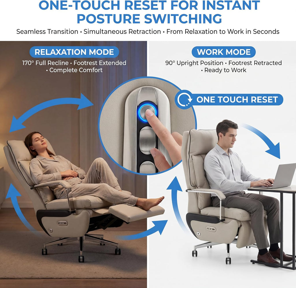 Dual Motor Executive Reclining Office Chair with Footrest – One-Click Electric Recline, Massage Lumbar Support & Pillow, Big and Tall PU Leather Ergonomic Desk Chair for Home Office/Gaming(White)