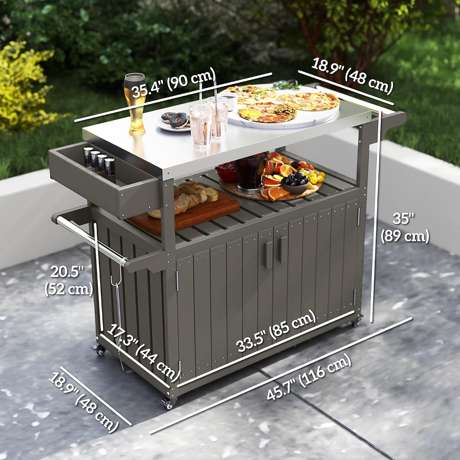 Outsunny Outdoor Bar Cart with Storage Cabinet, Stainless Steel Top Kitchen Island on Wheels, HDPE Outdoor Bar Table, Movable Patio Beverage Food Prep Table for BBQ Picnic, Dark Gray