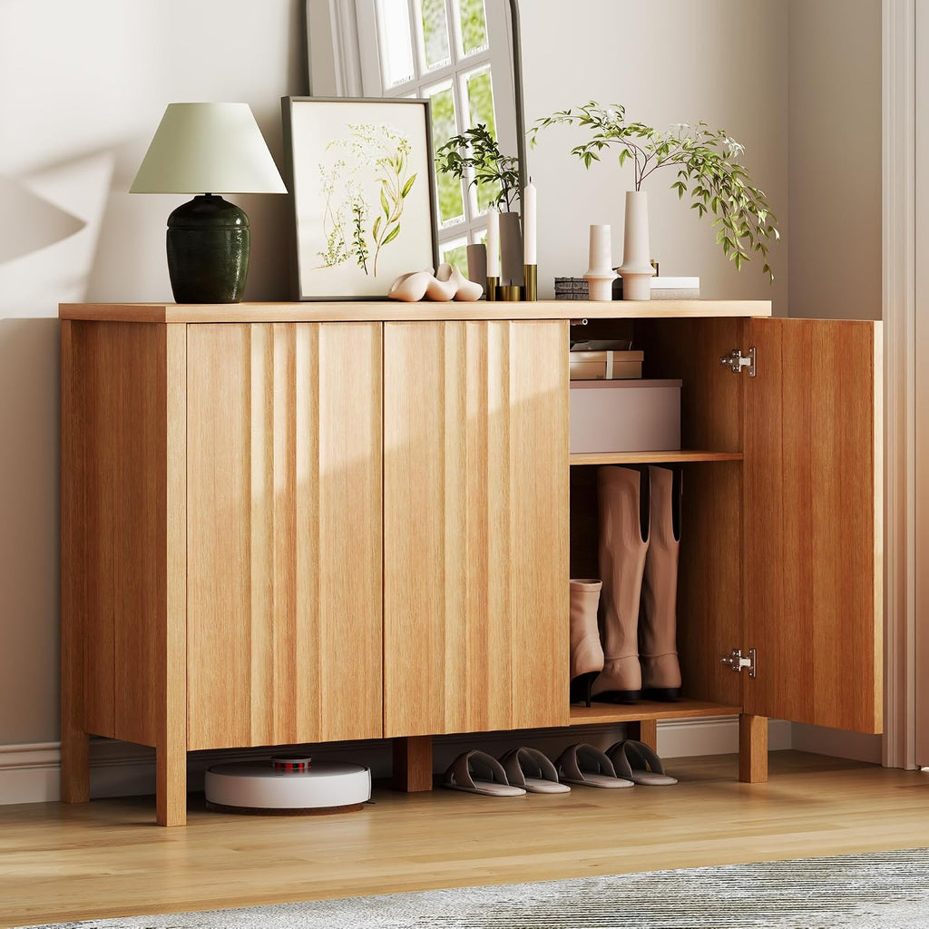 Vlsrka Shoe Cabinet with 3 Doors, Narrow Wooden Shoe Cabinet, Hidden Shoe Storage for Entryway, Foyer, Hallway (Brown)