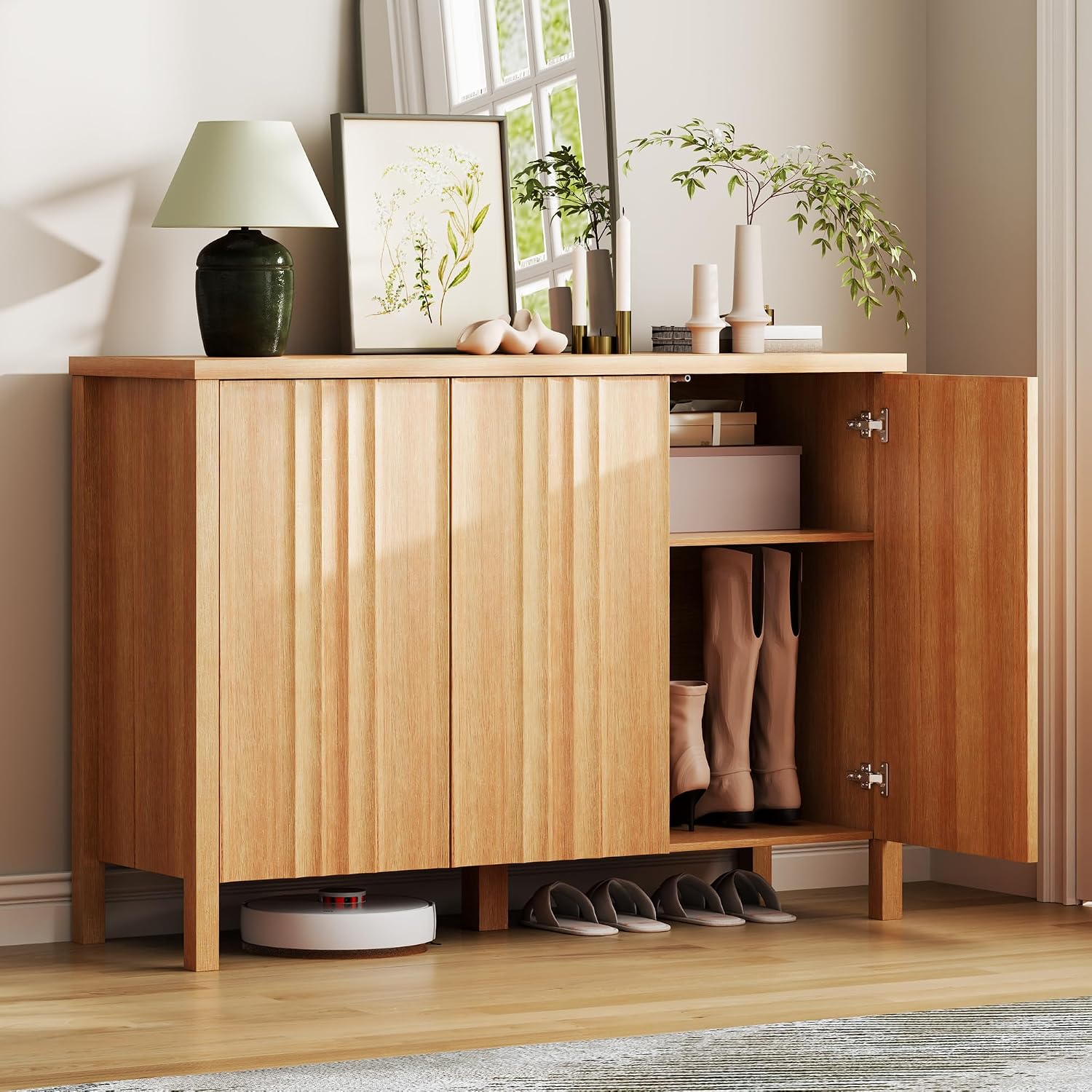 Vlsrka Shoe Cabinet with 3 Doors, Narrow Wooden Shoe Cabinet, Hidden Shoe Storage for Entryway, Foyer, Hallway (Brown)