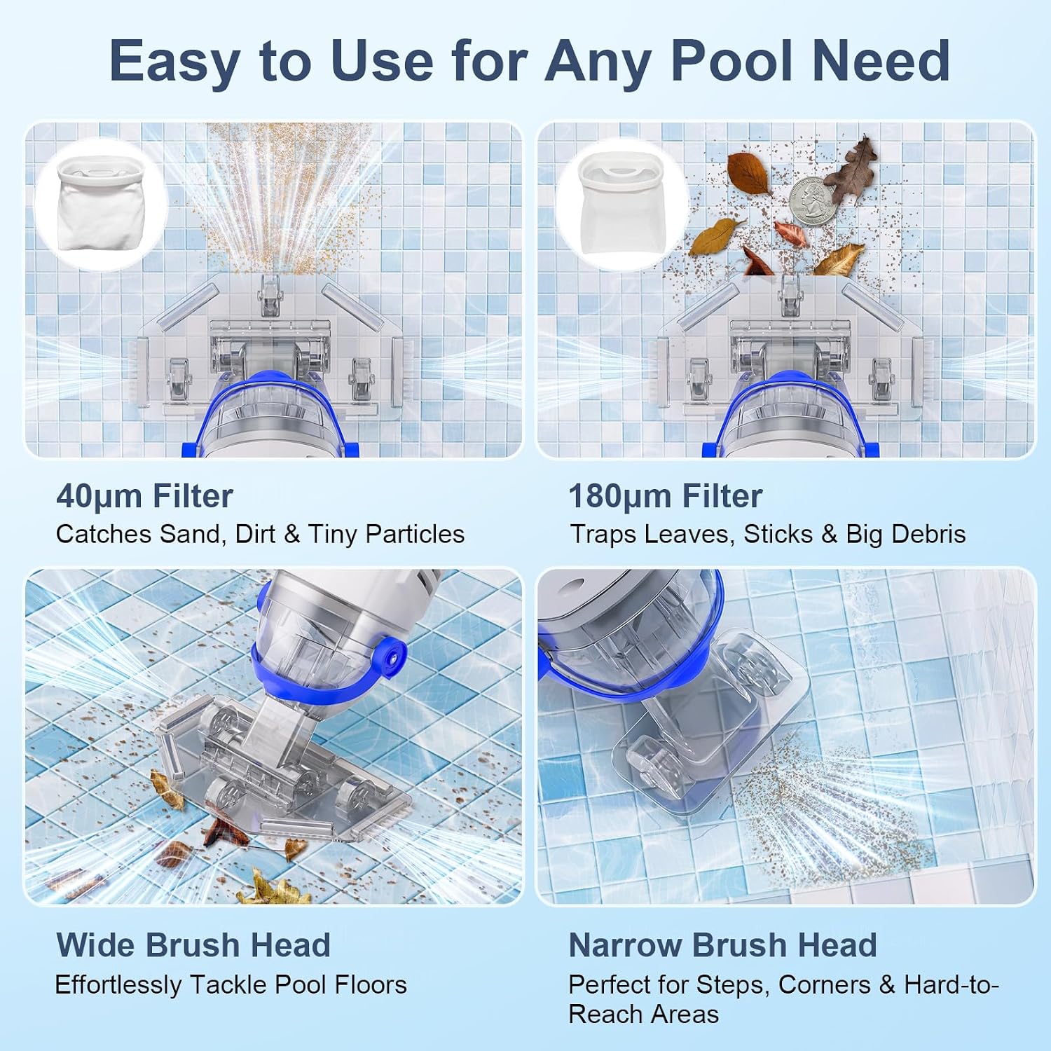 Upgraded Cordless Pool Vacuum with Telescopic Pole, 60 Min Powerful Suction & Transparent Head, Rechargeable Handheld Cleaner for Above Ground Pools, Inground Pools, Hot Tubs and Spa