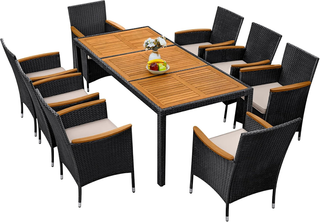 Greesum 9 Pieces Outdoor Patio Dining Set, Conversation Sets with 1 Table and 8 Rattan Chairs with Curved Acacia Wooden Armrests and Cushions, Black