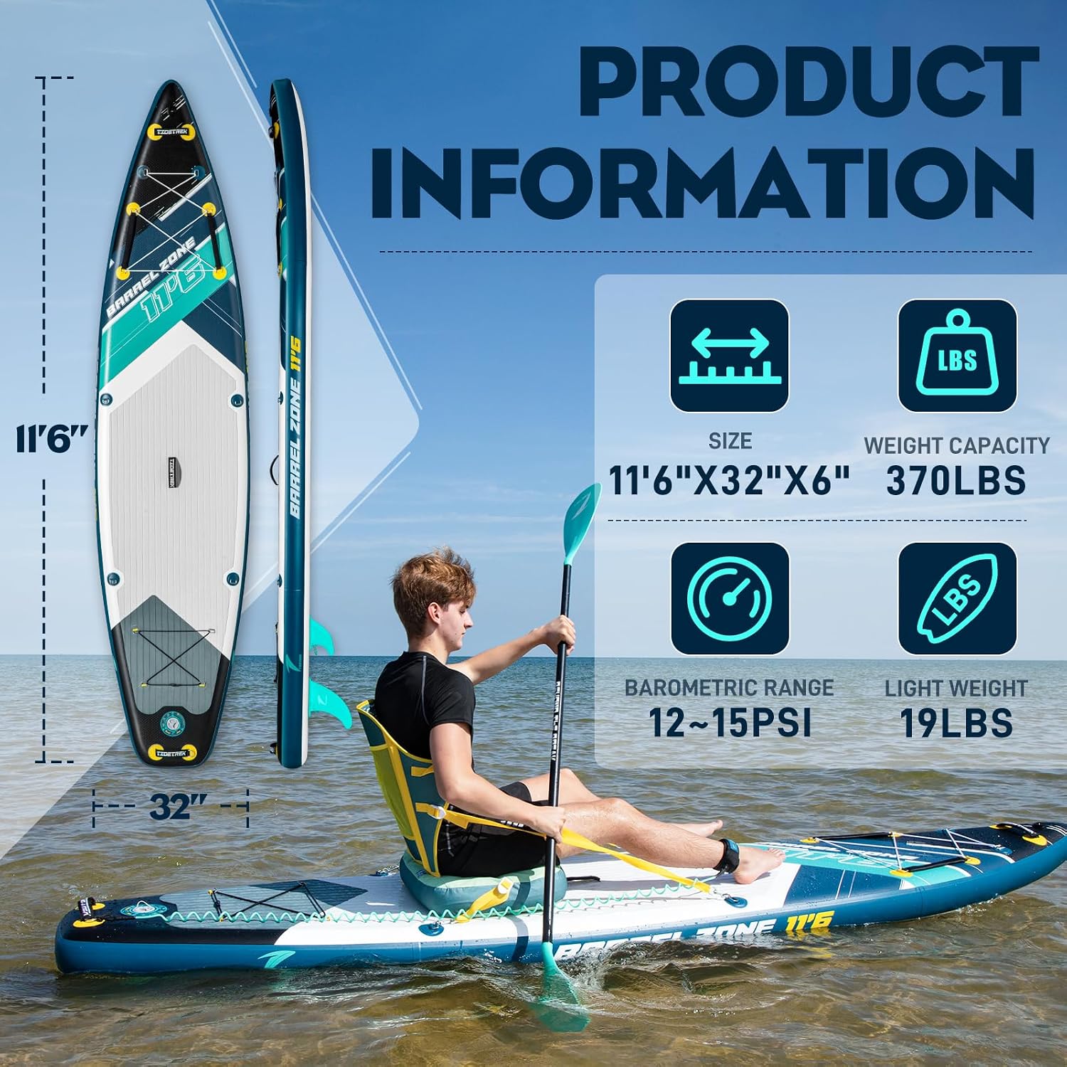11'6' Inflatable Stand Up Paddle Boards, Premium SUP Accessories, Non-Slip Comfort Deck for Youth & Adults
