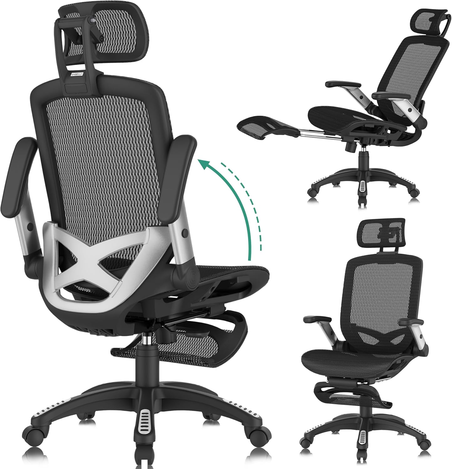 GABRYLLY Office Chair with Footrest, Ergonomic Desk Chair - 135° Recline Wide, 45° Flip-Up Arms,3D Headrest & Mesh Seat, High Back Home Gaming Chair for Adult Man Woman, 300LBS