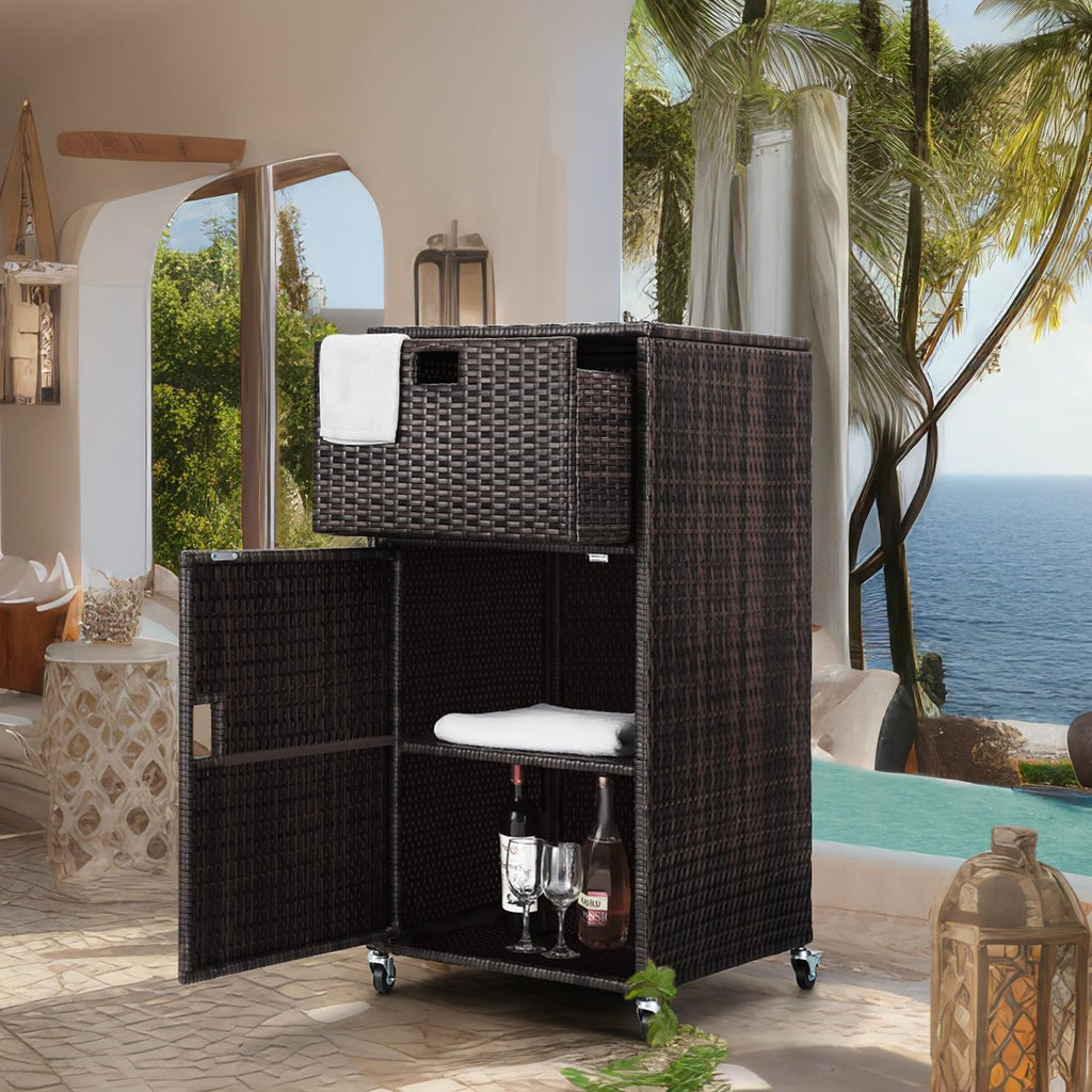 Outdoor Towel Rack for Pool Outdoor Pool Towel Storage Cabinet with Shelf & Drawer Pool Towel Holder with Rolling Wheels Hot Tub Towel Rack W/Waterproof Cover Poolside Towel Valet Caddy for Spa Brown