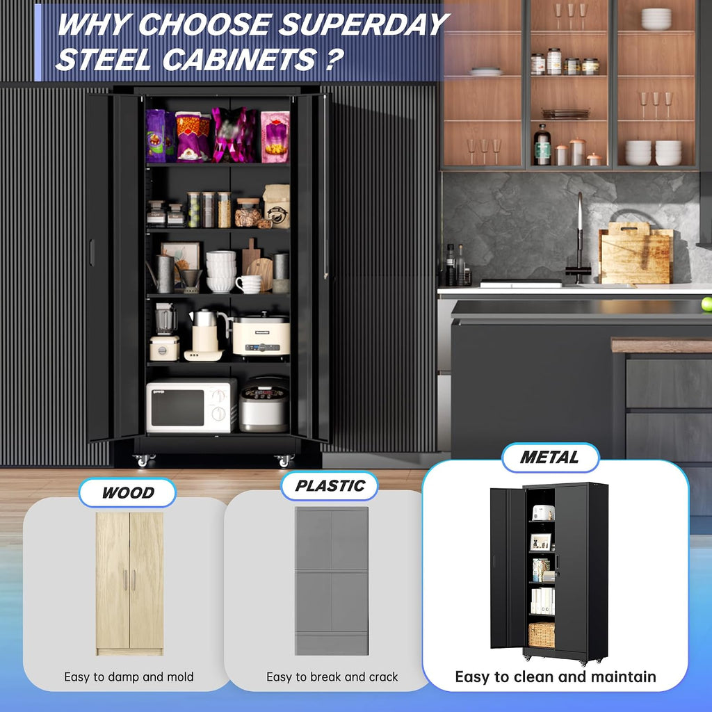 Pataku 73' Metal Storage Cabinet with Wheels, Garage Storage Cabinet with 4 Adjustable Shelves & Lockable Doors for Garage Home Office, Heavy Duty Tool Cabinets