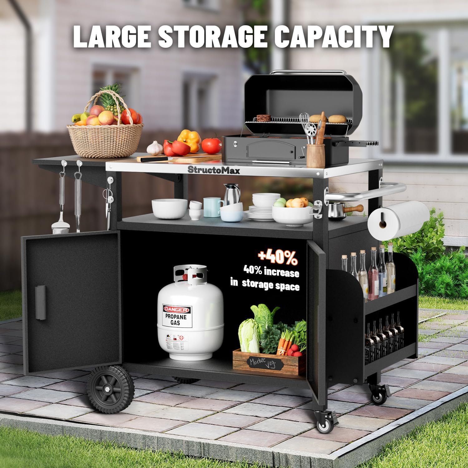 XL Outdoor Grill Cart with Cabinet, Extra-Wide Stainless Steel Table Top, Large Spice Rack & Lockable Wheels, Outdoor Kitchen Island Grill Table for BBQ, Cooking & Prep