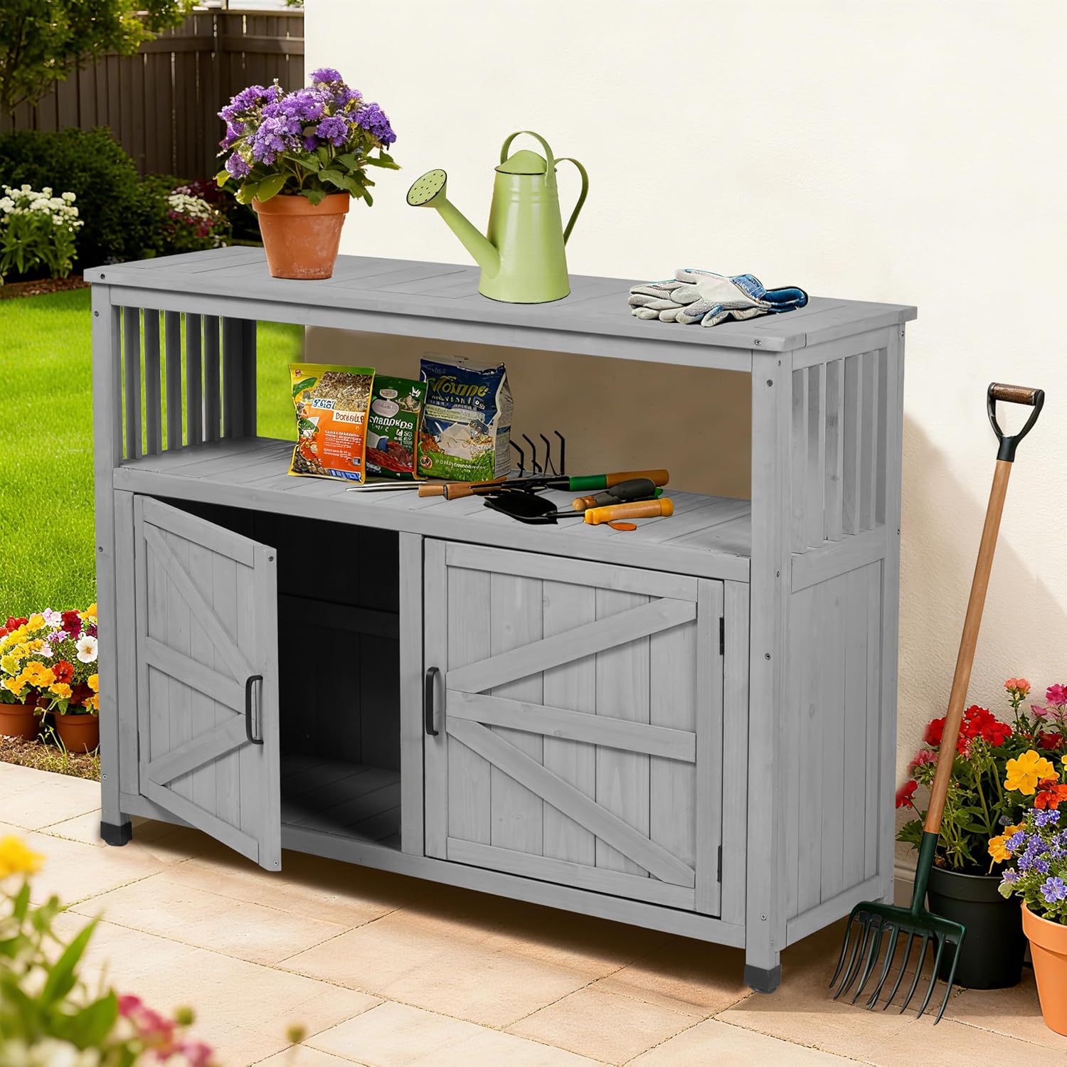 Outdoor Potting Bench with Storage Cabinet, Wood Workstation for Outdoor Patio, Garden (Grey, 42×18×37')