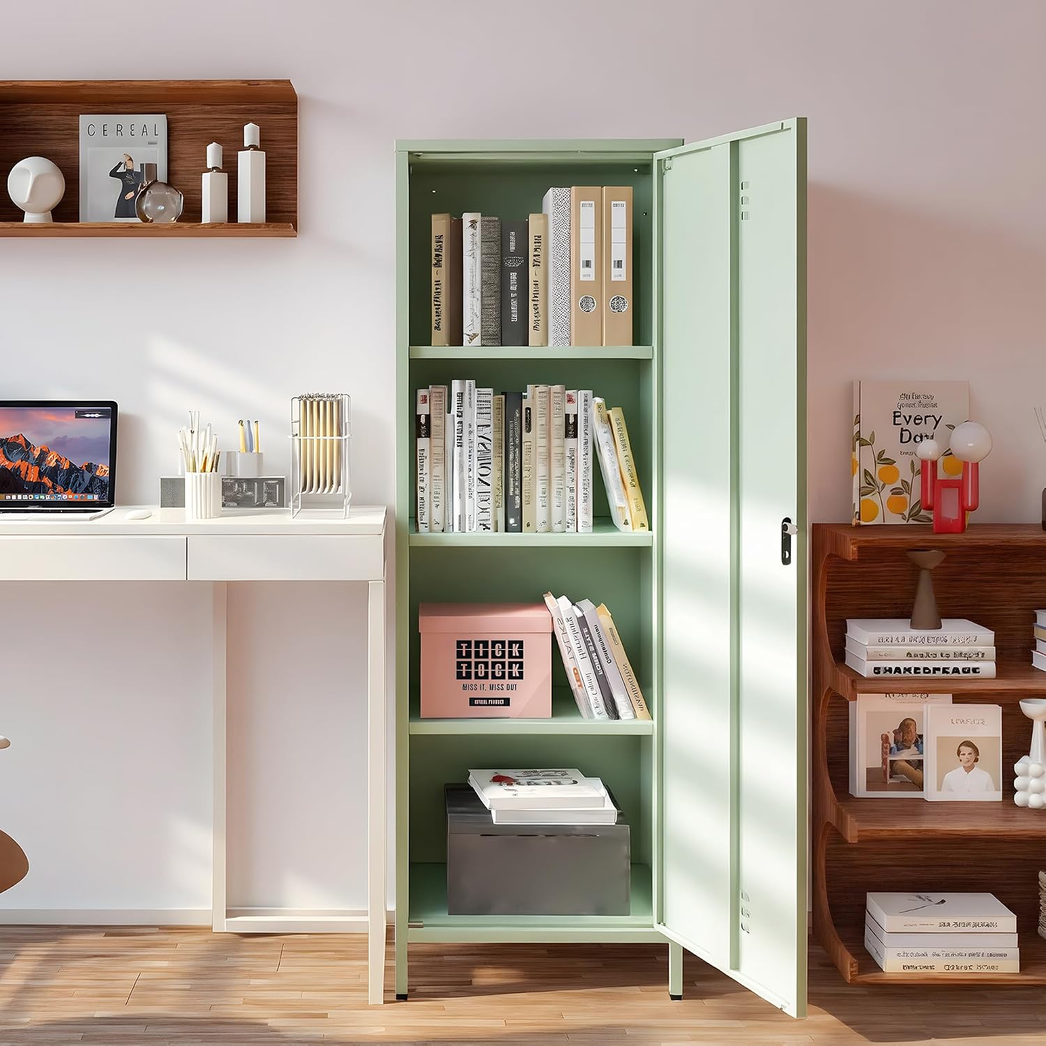Metal Locker Storage Cabinets Lockable Single File Storage Cabinet with Door and Removable Shelves Kids Locker for School Gym Pantry Kitchen (Green)