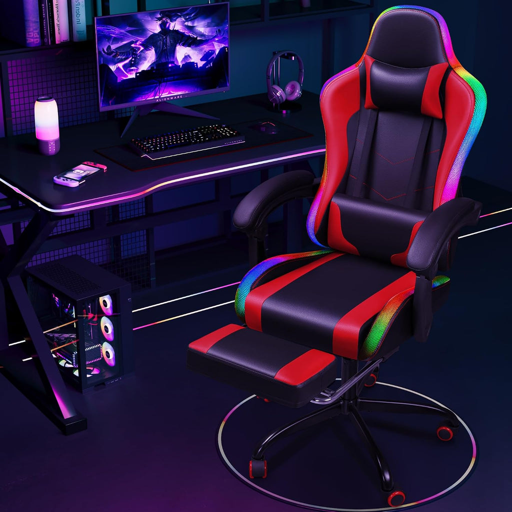 Shahoo Gaming Chair with LED Lights, Footrest and Massage Lumbar Support, Ergonomic Computer Seat Height Adjustable with 360°Swivel and Headrest, Red with RGB