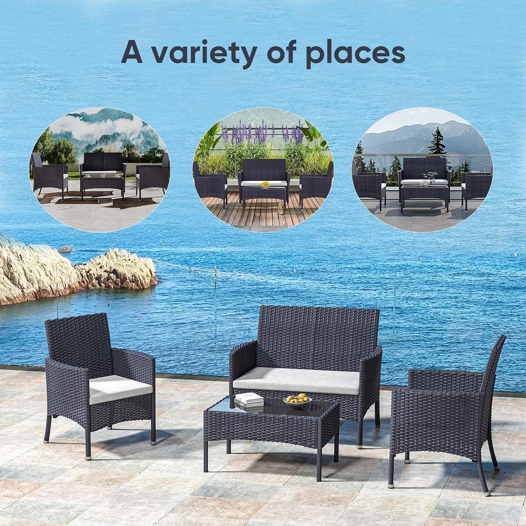 Outdoor Furniture Set of 4 Pieces with PE Waterproof Rattan Tempered Glass Table and Thick Cushions Suitable for Gardens Porches Terraces and Balconies Easy to Assemble Black and Beige