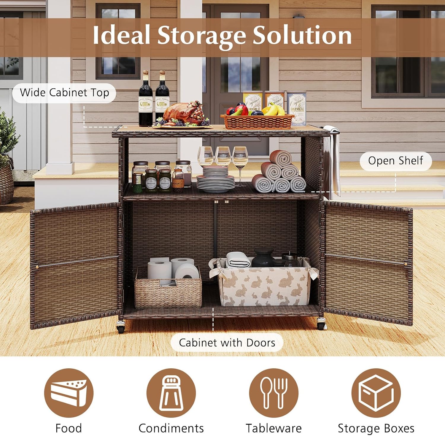 MAT EXPERT Wicker Outdoor Storage Cabinet, PE Rattan Buffet Cabinet w/Acacia Wood Countertop, Open Compartment & 2-Door Shelf, Patio Bar Cart w/Lockable Wheels for Kitchen, Garden, Backyard & Pool