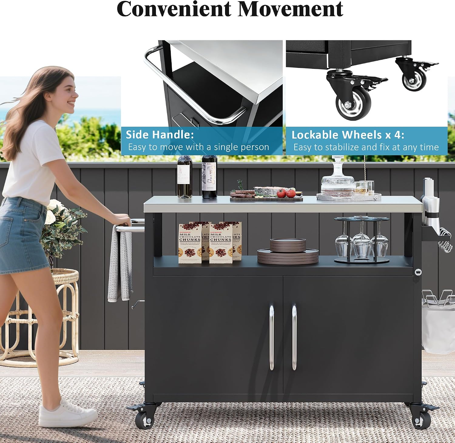 54.5' Outdoor Grill Cart with Storage Cabinet, Metal Grill Cart Table with Movable Universal Wheels and Stainless Steel Top, for Patio, Kitchen Prep, Grilling Accessories, Black