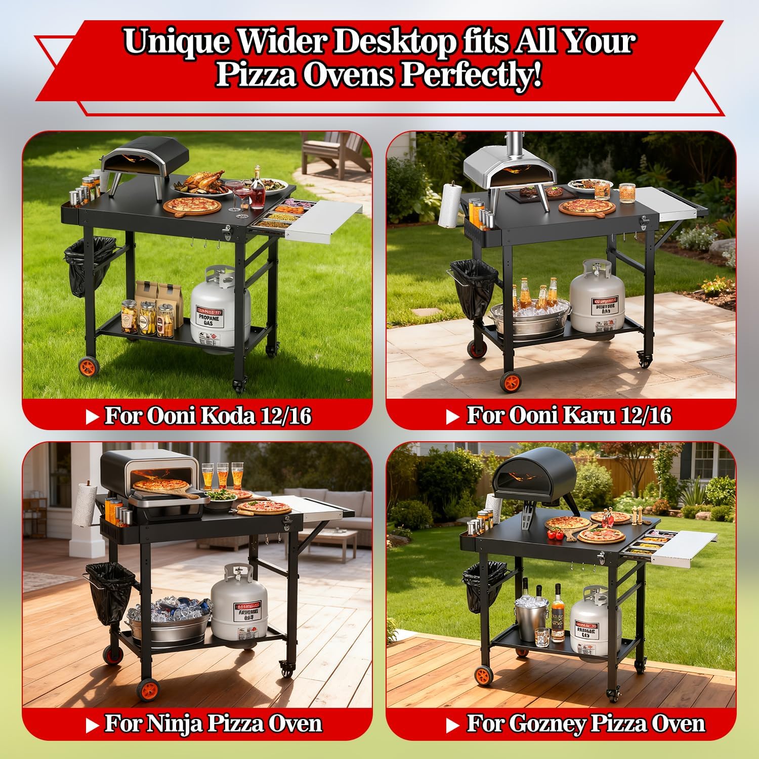 Grill Table for Oon Pizza Oven Accessories, Ninja Pizza Oven Table with Extendable Desk - Fit Gozney, Solo Stove, Durable Outdoor Grill Cart Stand with Food Prep Topping Station for Backyard