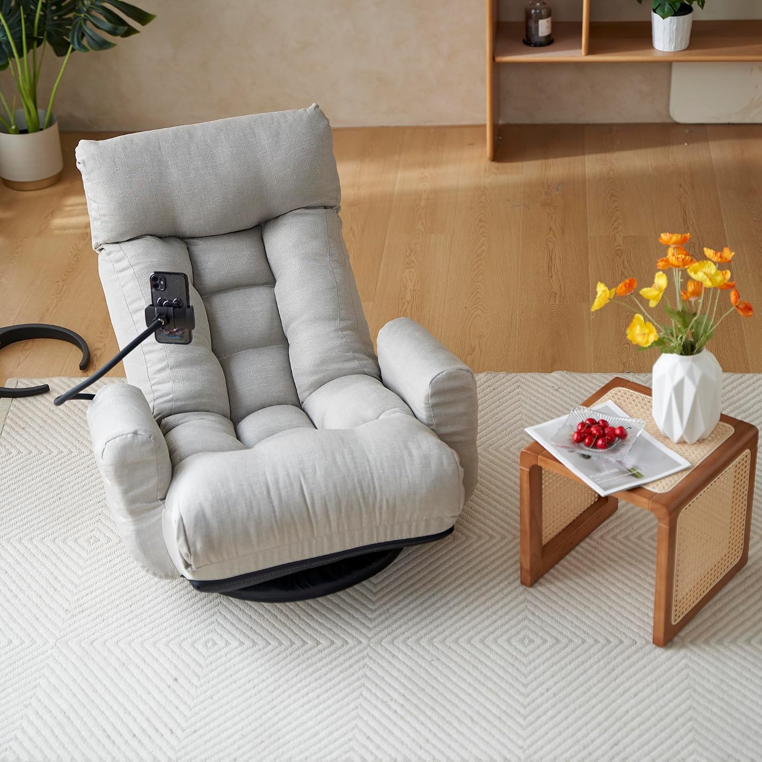 360° Swivel Floor Gaming Chair with 5 Position Adjustable, Folding Gaming Sofas with Phone Holder & Pockets, Cushion Padded Chaise Lounge Chair for Adults, Home Office Floor Leisure Chairs, Grey